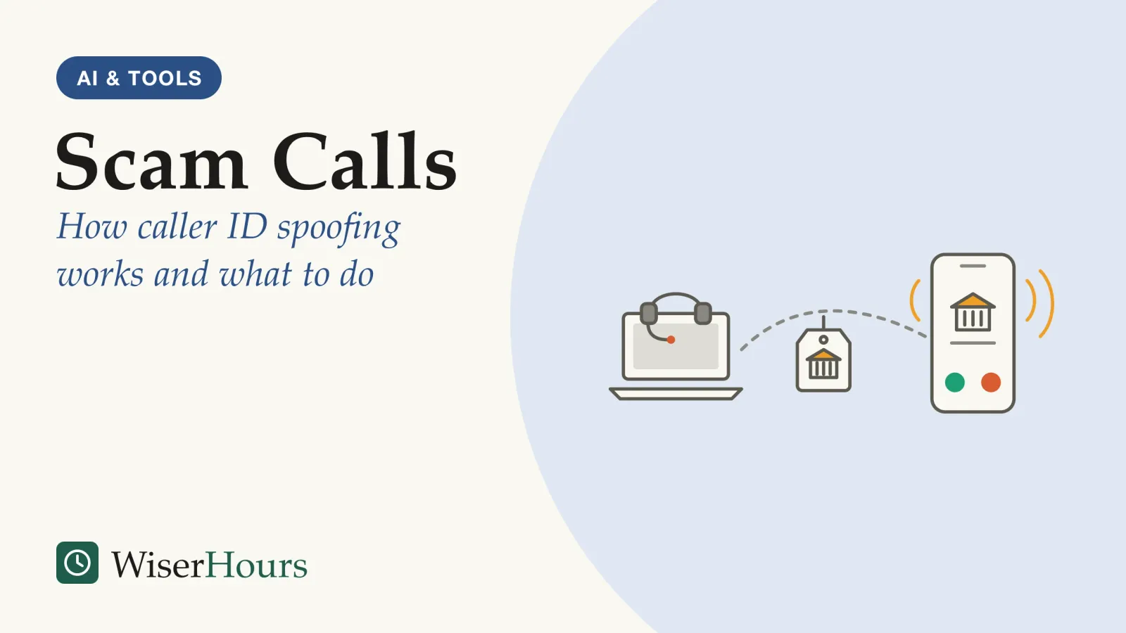 An illustrated cover card headed “Scam Calls”, with the line “How caller ID spoofing works and what to do”. Line drawing: on the left, a laptop with a headset on it; a dashed call line carries a luggage tag marked with a small bank symbol to a ringing phone on the right, whose screen shows the same bank symbol above an answer button and a decline button.