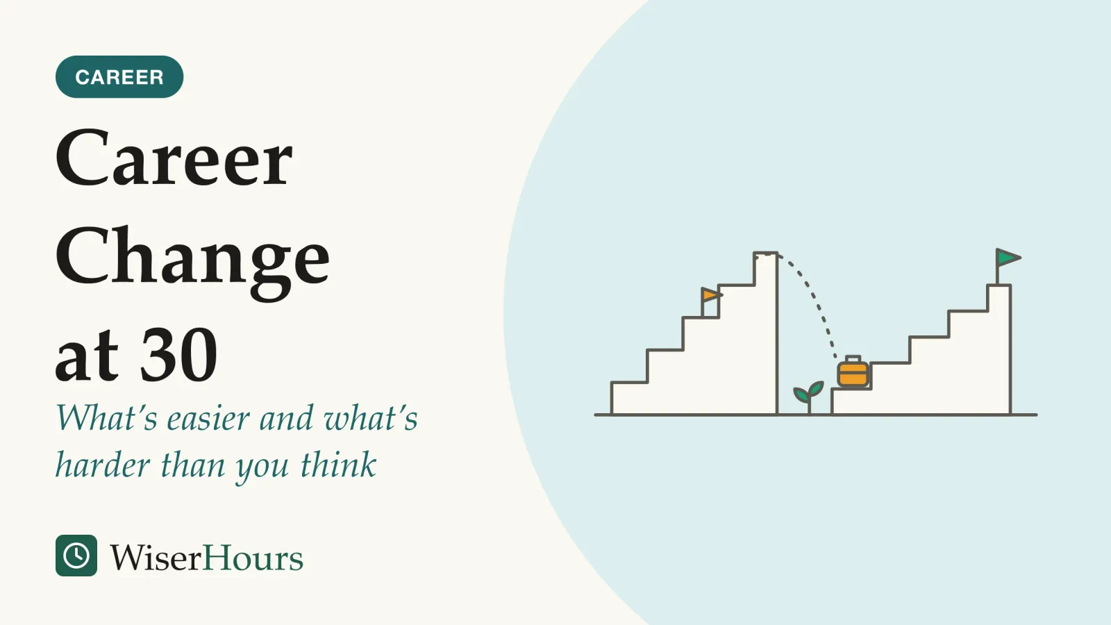 An illustrated cover card headed “Career Change at 30”, with the line “What’s easier and what’s harder than you think”. Line drawing of two staircases side by side: on the left, a tall staircase with a small flag partway up; on the right, a new staircase that starts at ground level, with a packed work bag on its first step, a small sprout at its foot and a flag at its top.