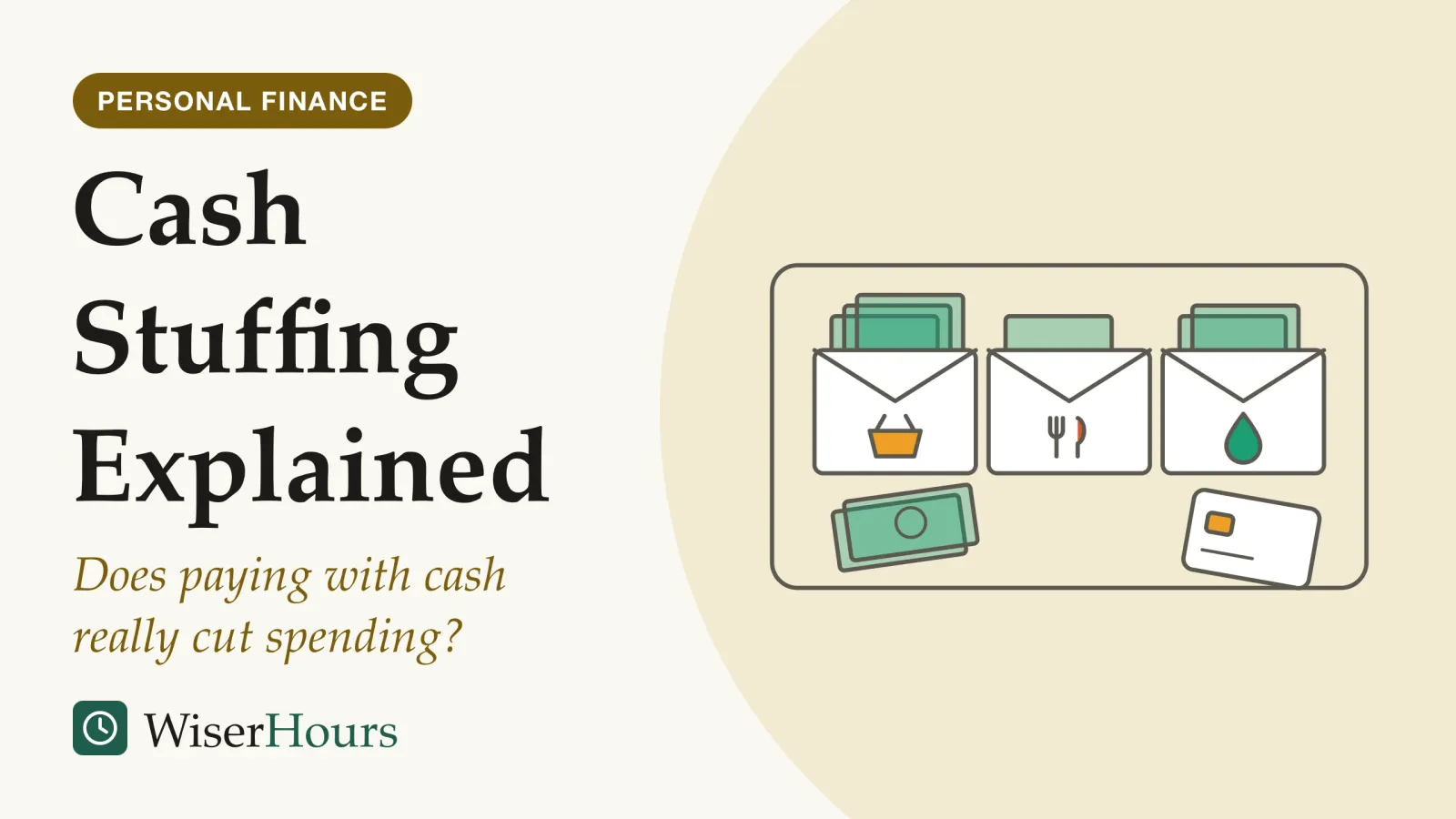 An illustrated cover card headed “Cash Stuffing Explained”, with the line “Does paying with cash really cut spending?”. Line drawing of a table seen from above with three envelopes in a row, each marked with a small icon for groceries, eating out or fuel and holding a different number of banknotes, a small stack of loose notes, and a bank card set aside at the edge.