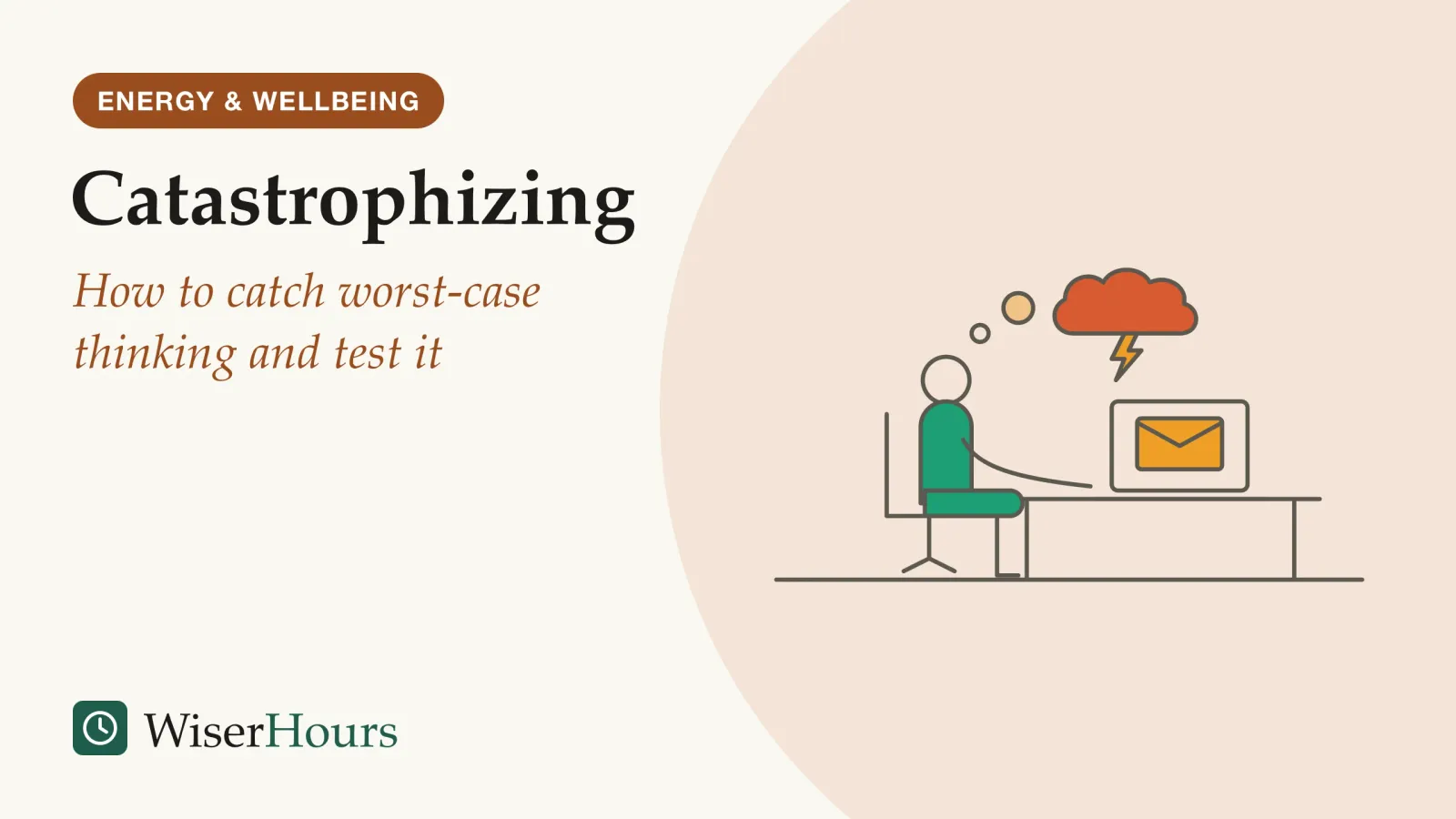 An illustrated cover card headed “Catastrophizing”, with the line “How to catch worst-case thinking and test it”. Line drawing of a person seated at a desk reading a short message on a laptop, with a chain of thought bubbles above their head that grows from a small pale bubble into a large storm cloud with a lightning bolt.