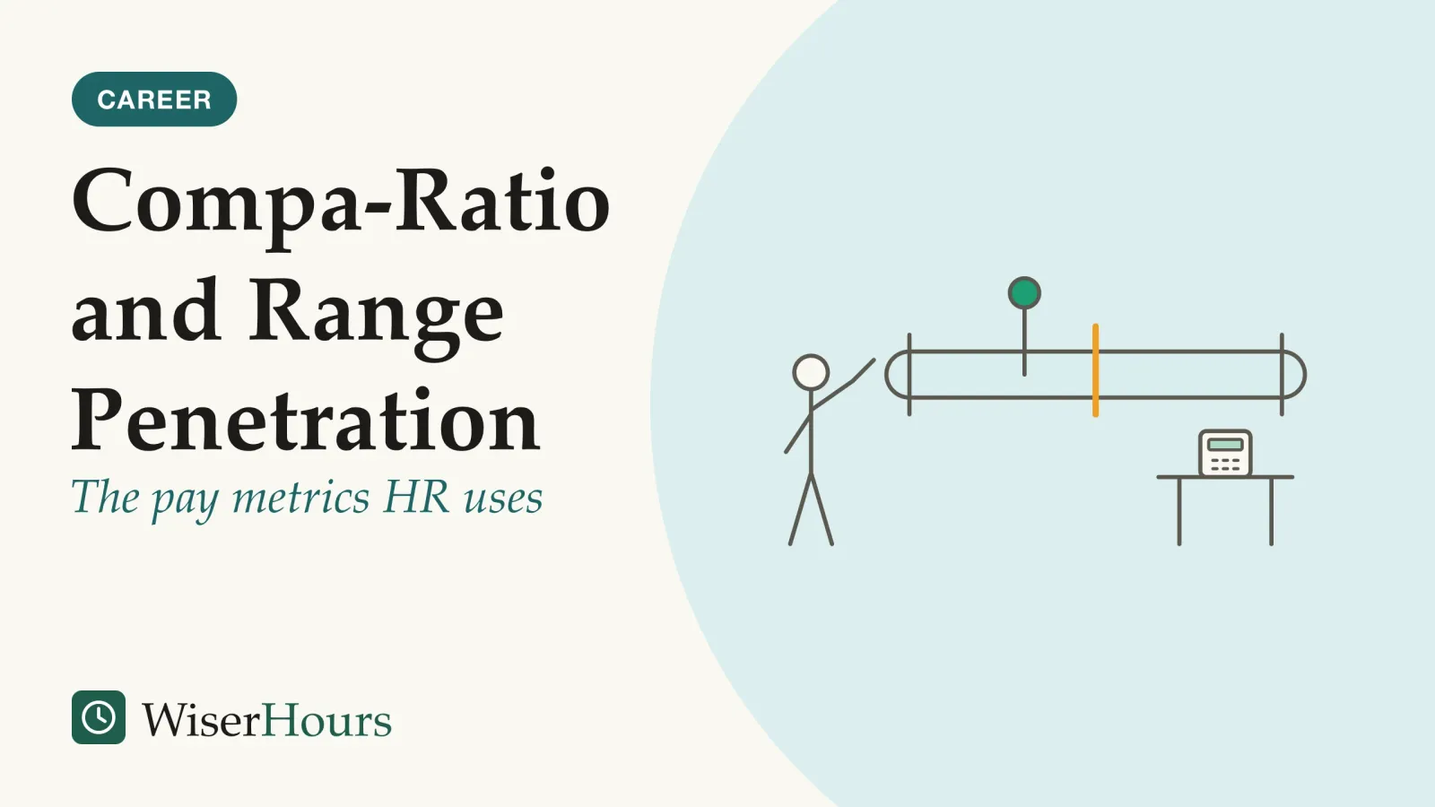 An illustrated cover card headed “Compa-Ratio and Range Penetration”, with the line “The pay metrics HR uses”. Line drawing of a person pointing at a pin placed about a third of the way along a long horizontal bar marked at both ends and in the middle, with a calculator on a small table nearby.