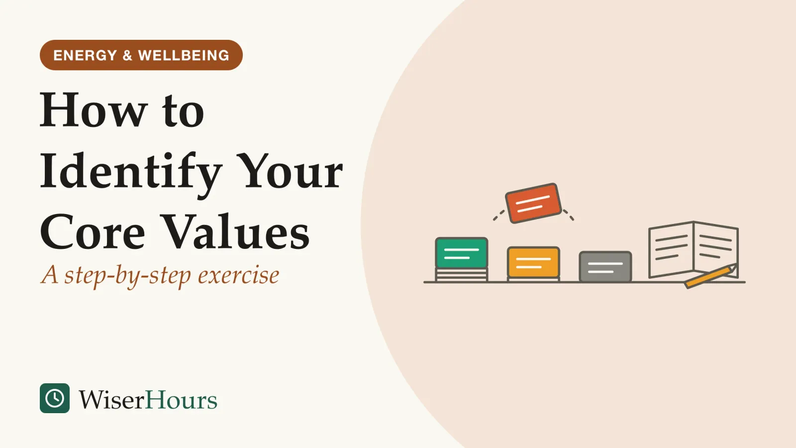 An illustrated cover card headed “How to Identify Your Core Values”, with the line “A step-by-step exercise”. Line drawing of a table with small blank cards sorted into three piles of different heights, one card held up in the air between them, beside an open notebook and a pencil.