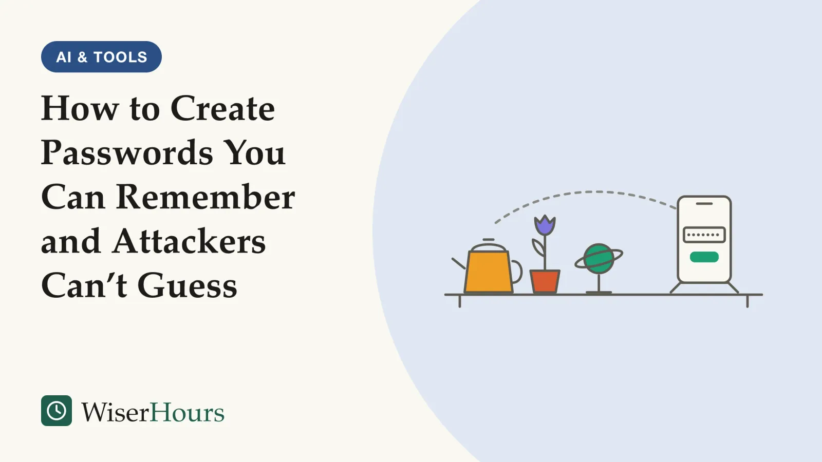 An illustrated cover card headed “How to Create Passwords You Can Remember and Attackers Can’t Guess”. Line drawing of a kitchen shelf: a kettle, a potted tulip and a small ringed planet stand in a row, and a dashed line runs from them to a phone whose sign-in box shows a long row of password dots.