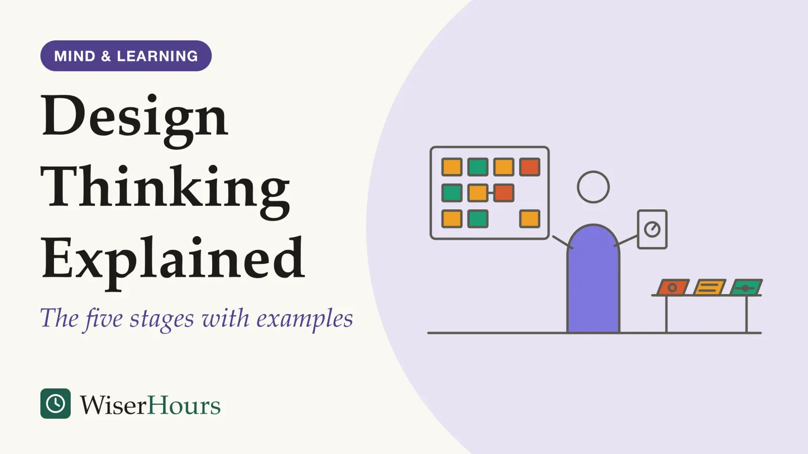An illustrated cover card headed “Design Thinking Explained”, with the line “The five stages with examples”. Line drawing of a person standing between a wall covered in sticky notes and a table holding three rough paper prototypes, one sketched with a dial, one with a list and one with a slider. The person holds up another card with a dial sketch.