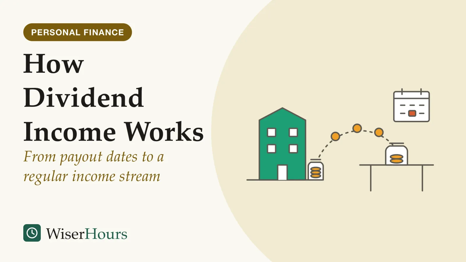 An illustrated cover card headed “How Dividend Income Works”, with the line “From payout dates to a regular income stream”. Line drawing of a small office building with a jar of coins on its step. An arc of three coins travels from that jar to a second jar on a table on the right. A wall calendar hangs above, with one day filled in.