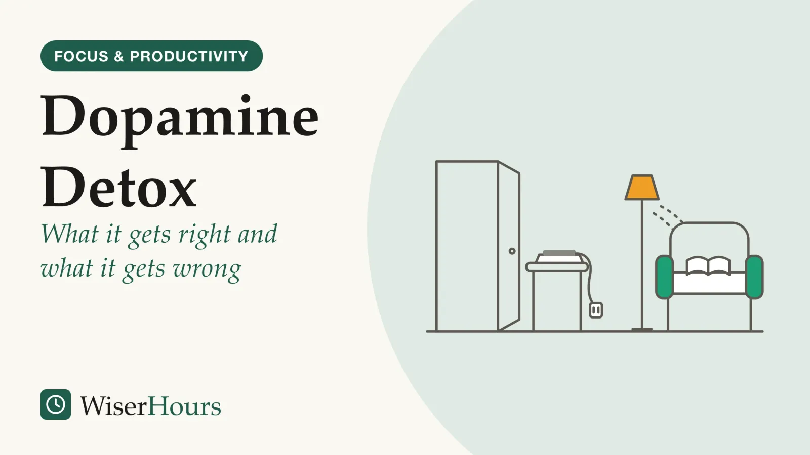 An illustrated cover card headed “Dopamine Detox”, with the line “What it gets right and what it gets wrong”. Line drawing of a room in the evening: by an open doorway, a phone lies face down in a tray on a small hall table, plugged in to charge, while across the room a floor lamp lights an armchair with an open book on the seat.