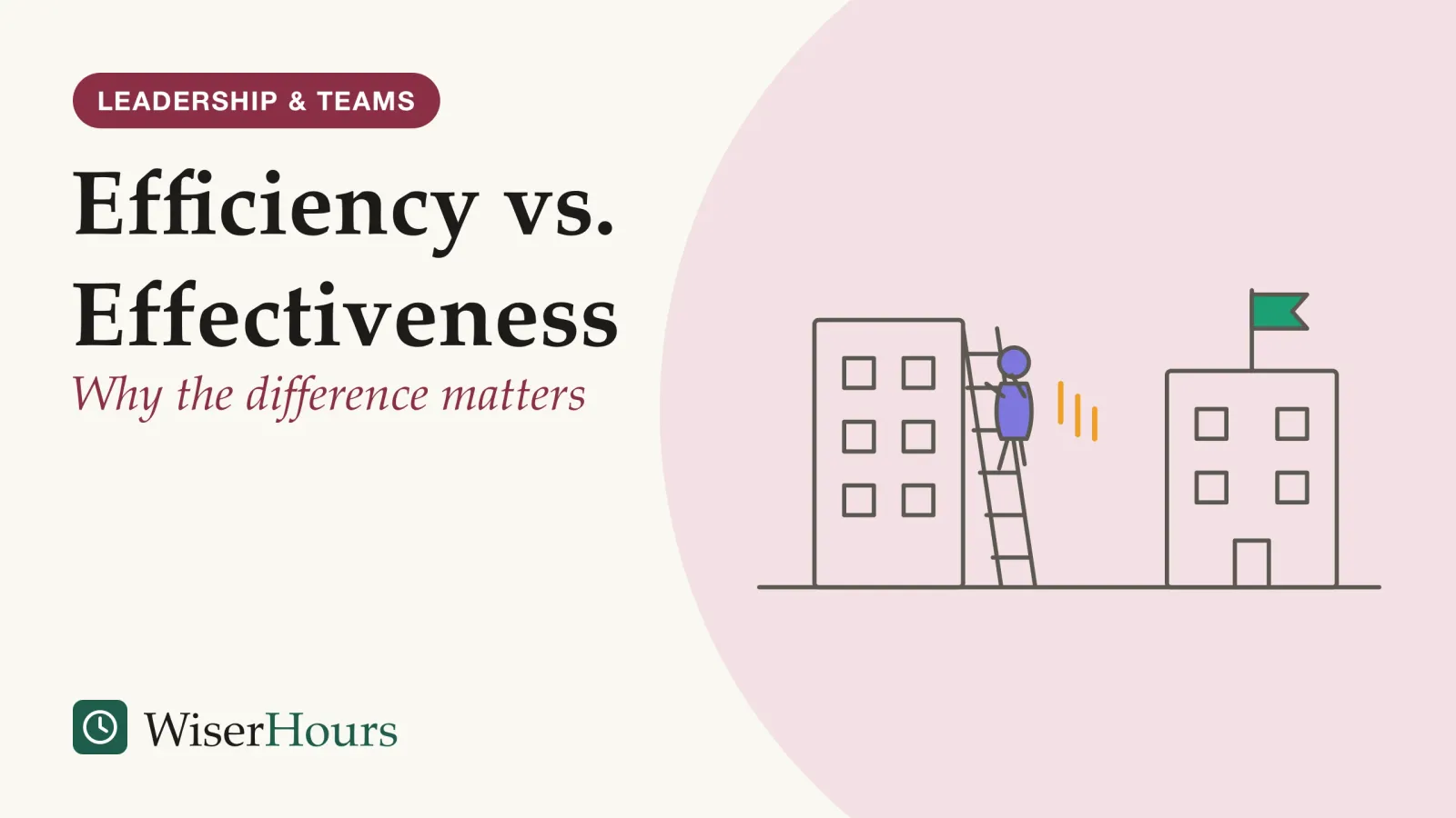 An illustrated cover card headed “Efficiency vs. Effectiveness”, with the line “Why the difference matters”. Line drawing of a person climbing a ladder quickly up the side of one building, with speed lines beside them, while a flag marking the goal stands on the roof of a second building across the way.
