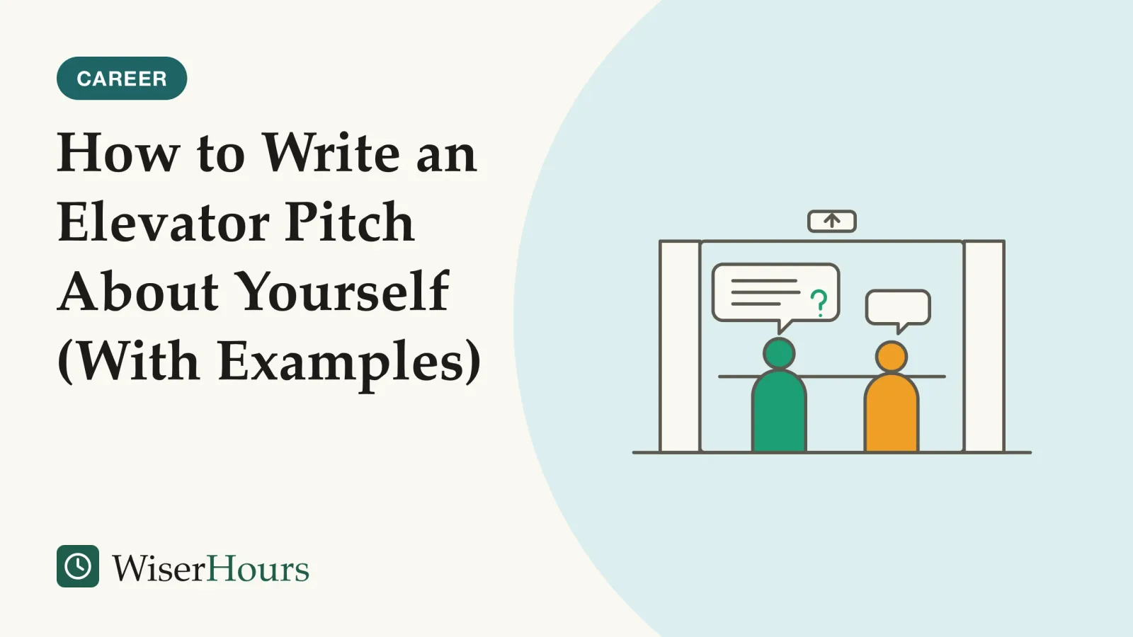An illustrated cover card headed “How to Write an Elevator Pitch About Yourself (With Examples)”. Line drawing of two people inside an elevator with its doors open; one speaks, with a speech bubble holding three short lines and a question mark, and the other has a small reply bubble.