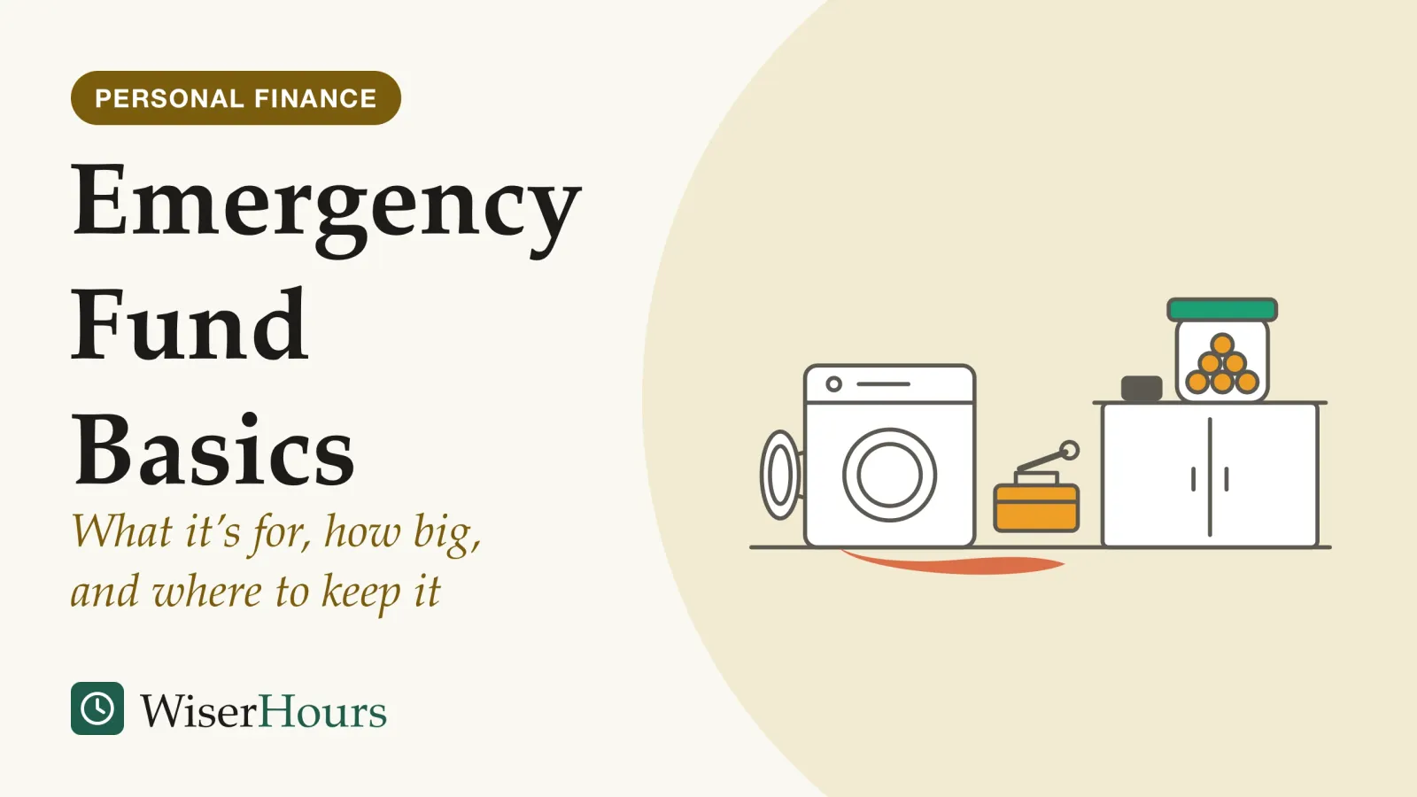 An illustrated cover card headed “Emergency Fund Basics”, with the line “What it’s for, how big, and where to keep it”. Line drawing of a kitchen corner: a washing machine with its round door swung open and a puddle of water spreading across the floor, a toolbox with a spanner beside it, and on the counter above, a lidded jar of coins next to a phone.