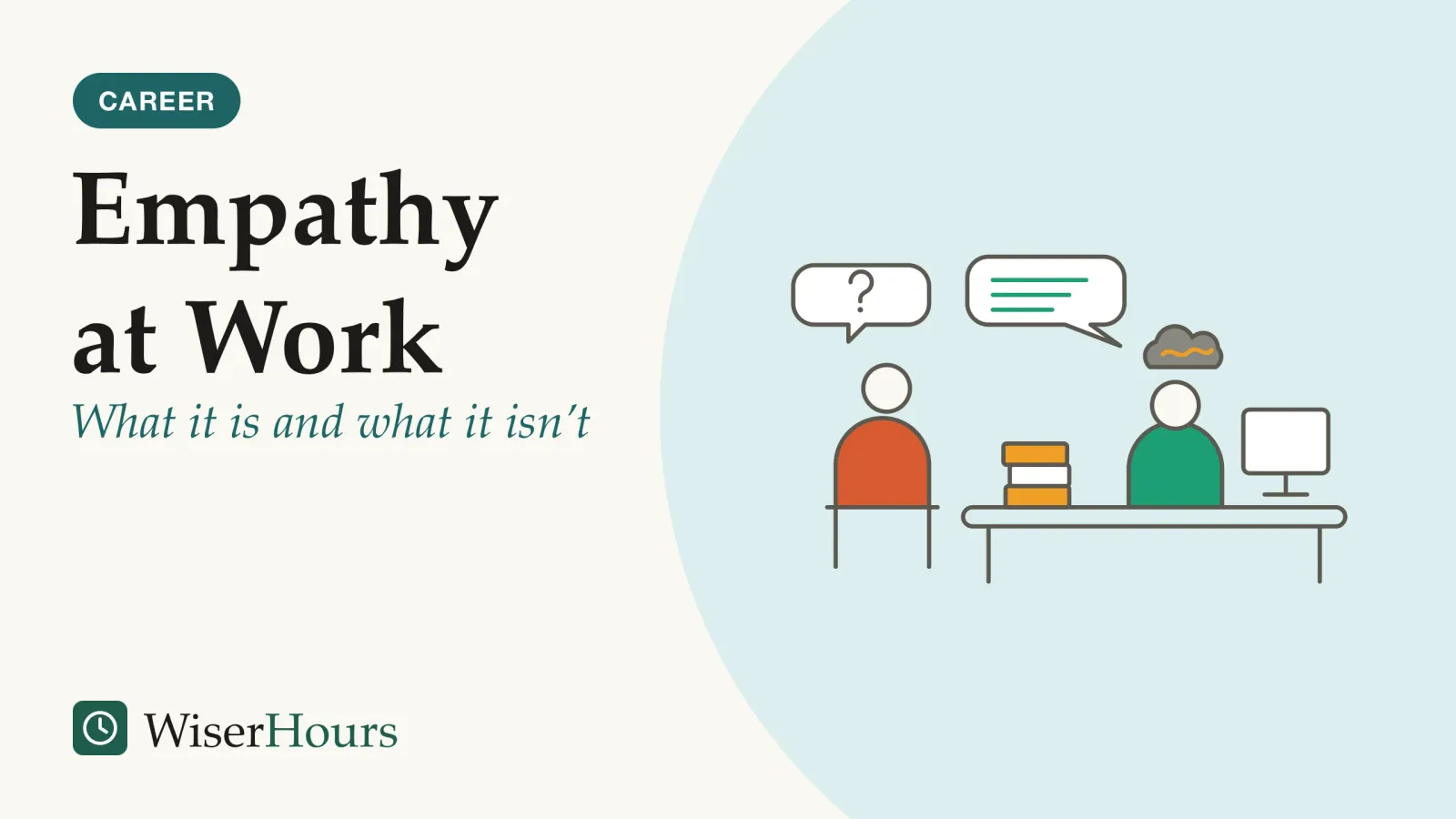 An illustrated cover card headed “Empathy at Work”, with the line “What it is and what it isn’t”. Line drawing of a person seated at a desk with a monitor and a stack of papers, with a scribbled cloud above their head. A colleague has pulled a chair up beside the desk and has a speech bubble with a question mark; the seated person answers with a speech bubble holding three short lines.