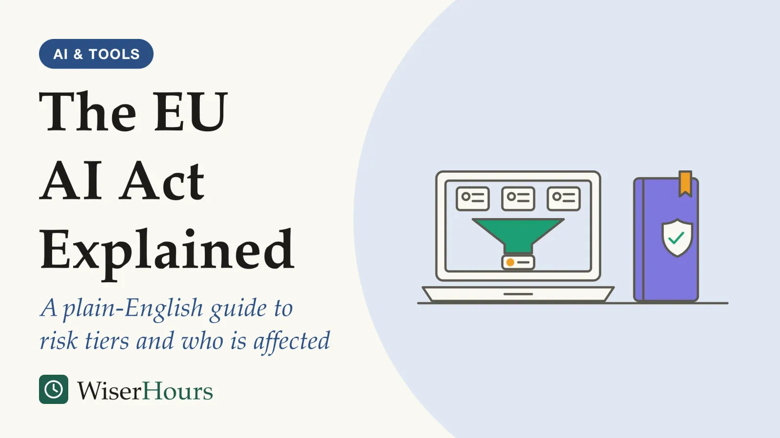 An illustrated cover card headed “The EU AI Act Explained”, with the line “A plain-English guide to risk tiers and who is affected”. Line drawing of an open laptop on a desk; on its screen three applicant cards drop into a funnel and one card comes out marked with an amber dot. Beside the laptop stands a thick rulebook with a bookmark and a shield on its cover.