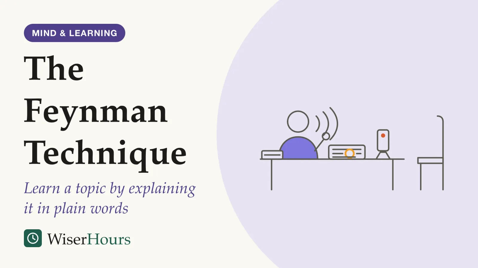 An illustrated cover card headed “The Feynman Technique”, with the line “Learn a topic by explaining it in plain words”. Line drawing of a person seated at a desk with a closed book beside them, explaining aloud, shown by curved lines, toward an empty chair on the other side of the desk. A phone on a small stand records them, and a notepad in front of them has three lines of notes, the middle one broken off with the gap circled.
