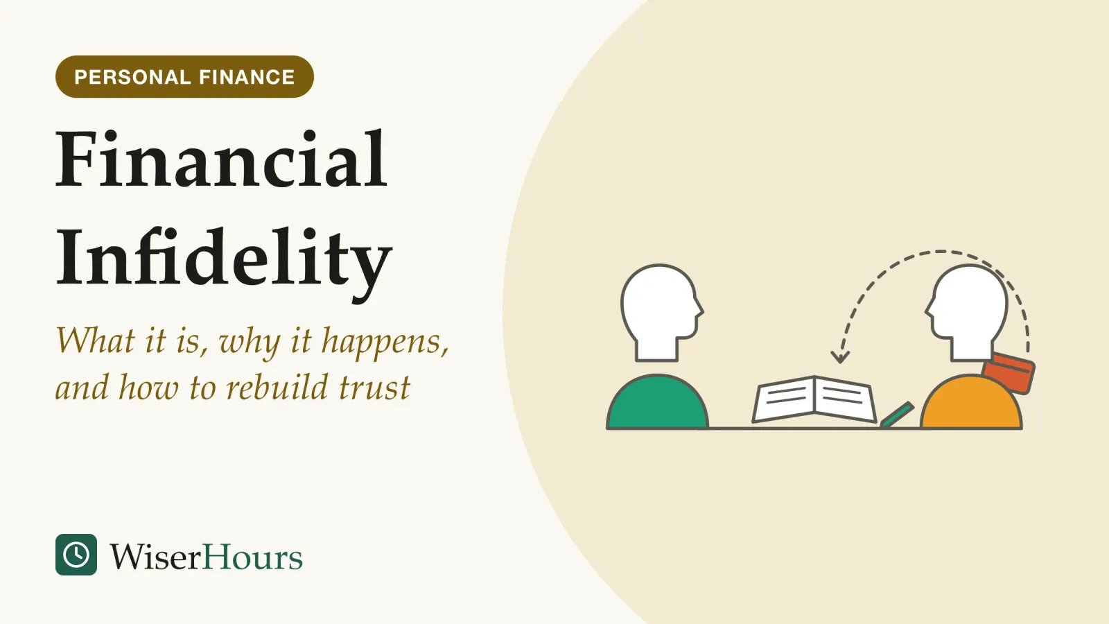 An illustrated cover card headed “Financial Infidelity”, with the line “What it is, why it happens, and how to rebuild trust”. Line drawing of two people facing each other across a table with an open notebook and a pen on it. Behind the back of the person on the right, half hidden by their shoulder, is a bank card, and a dashed arc runs from the card to the open notebook.