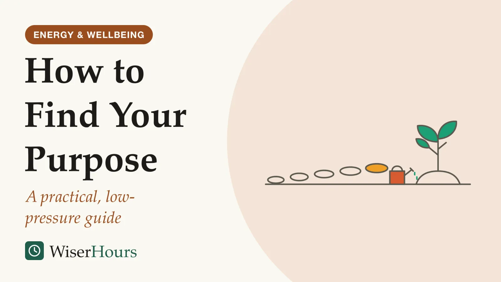 An illustrated cover card headed “How to Find Your Purpose”, with the line “A practical, low-pressure guide”. Line drawing of five stepping stones crossing a patch of ground toward a young tree in a small planted bed, with a watering can set down beside the path.