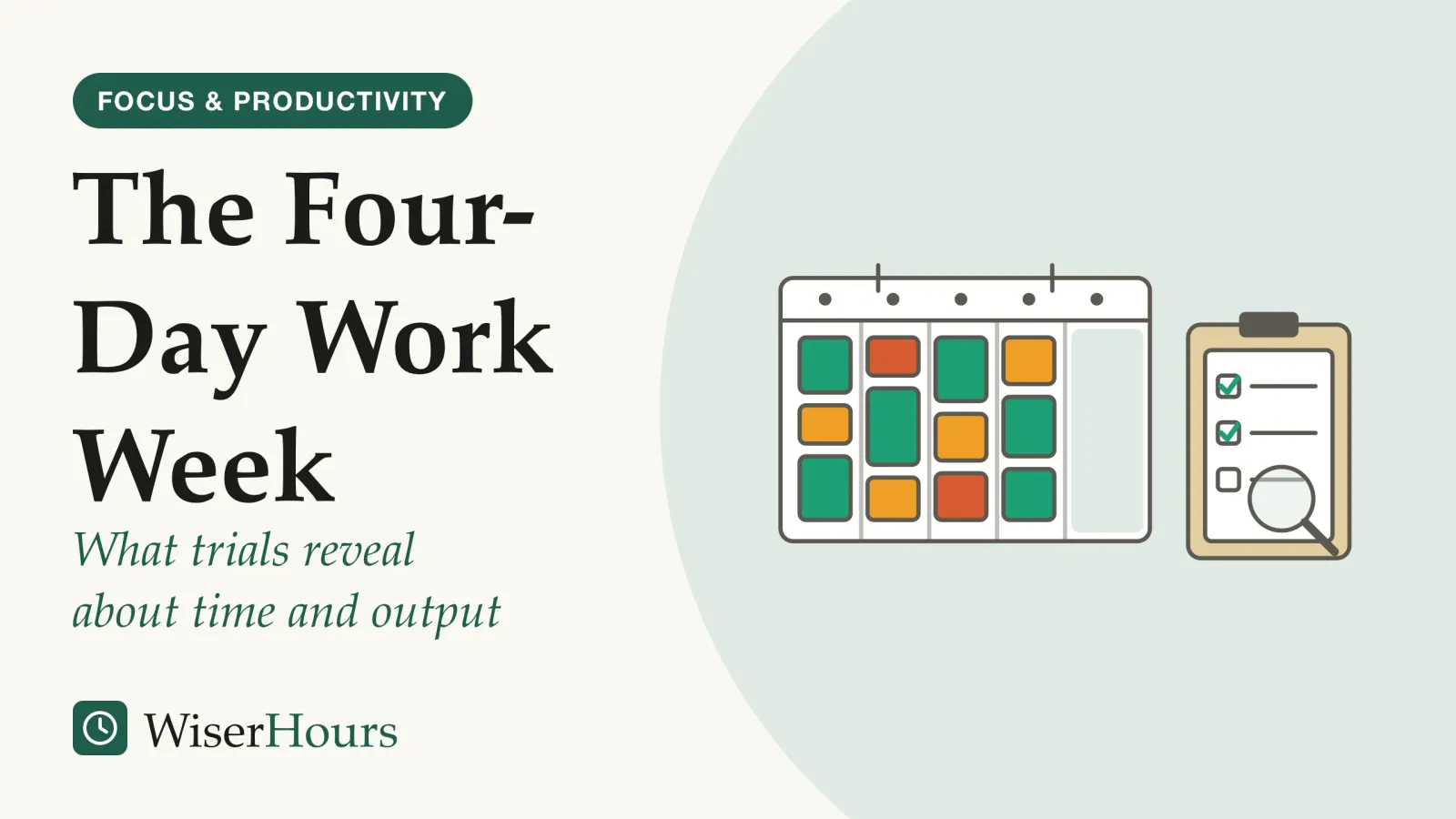 An illustrated cover card headed “The Four-Day Work Week”, with the line “What trials reveal about time and output”. Line drawing of a wall planner with five day columns: the first four hold colored work blocks and the fifth is empty. Beside it, a clipboard holds a short survey form with two ticked boxes, and a magnifying glass rests over it.