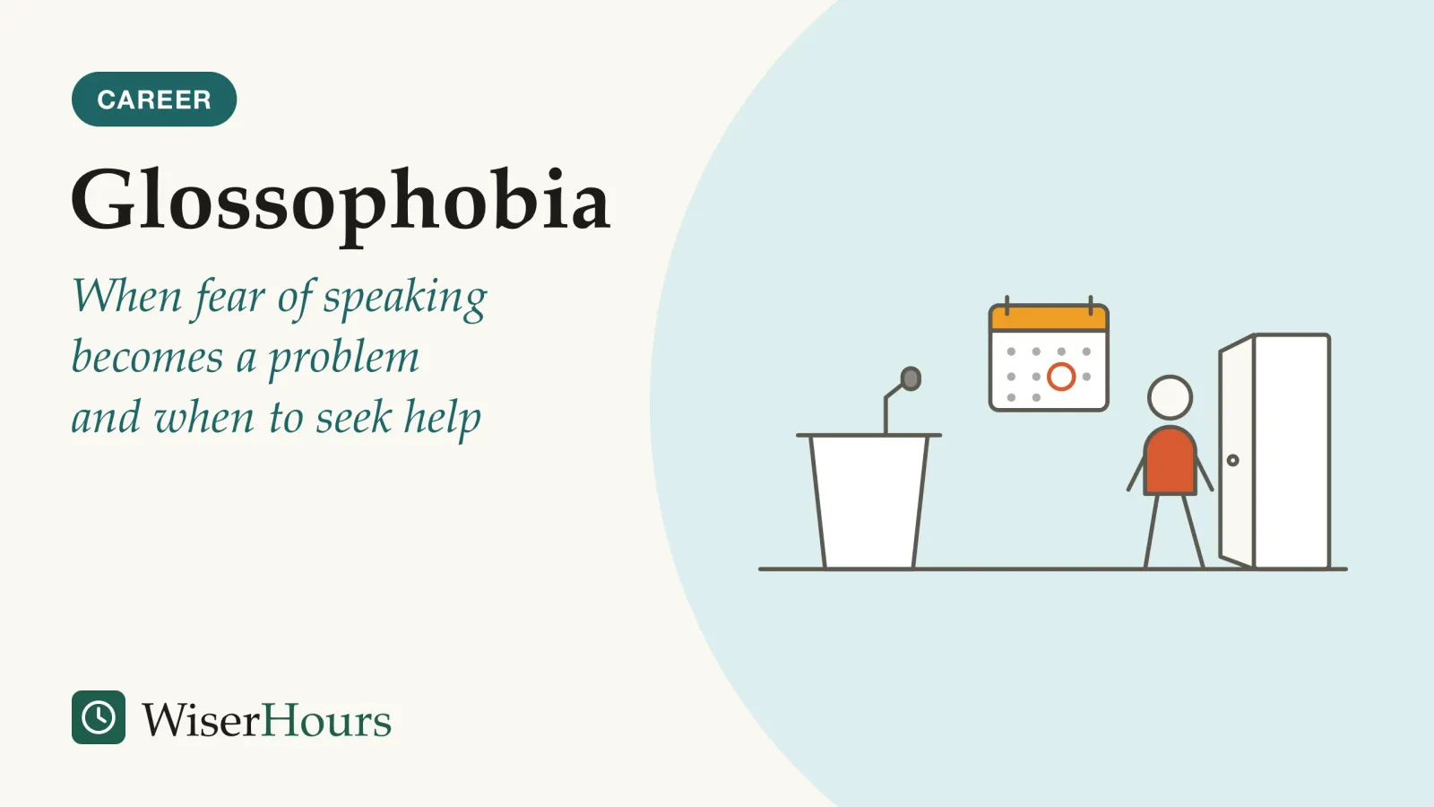 An illustrated cover card headed “Glossophobia”, with the line “When fear of speaking becomes a problem and when to seek help”. Line drawing of an empty lectern with a microphone on the left and a person walking away from it toward an open door on the right; a wall calendar between them has one day circled.