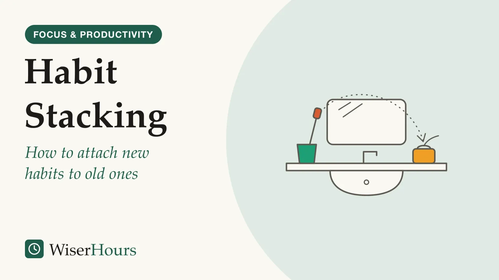 An illustrated cover card headed “Habit Stacking”, with the line “How to attach new habits to old ones”. Line drawing of a bathroom sink below a mirror. On the sink edge stand a cup holding a toothbrush and a small box of dental floss with a strand pulled out, and a dotted arrow leads from the toothbrush to the floss.
