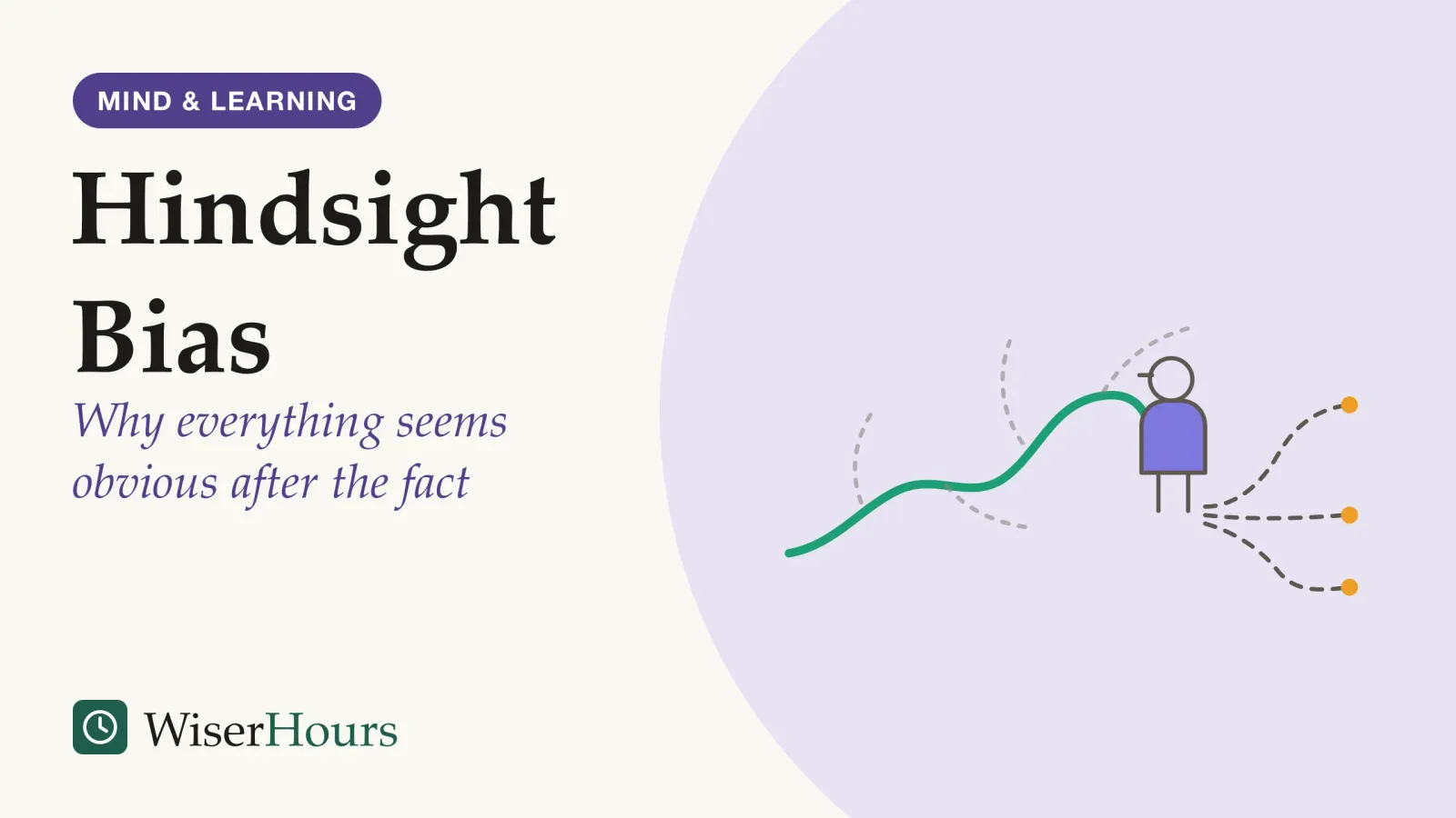 An illustrated cover card headed “Hindsight Bias”, with the line “Why everything seems obvious after the fact”. Line drawing of a person standing at the end of a winding path and looking back over one shoulder. The path behind them is a single bold line, with faint dashed side branches that fade away. Ahead of the person, the path splits into three dashed branches.
