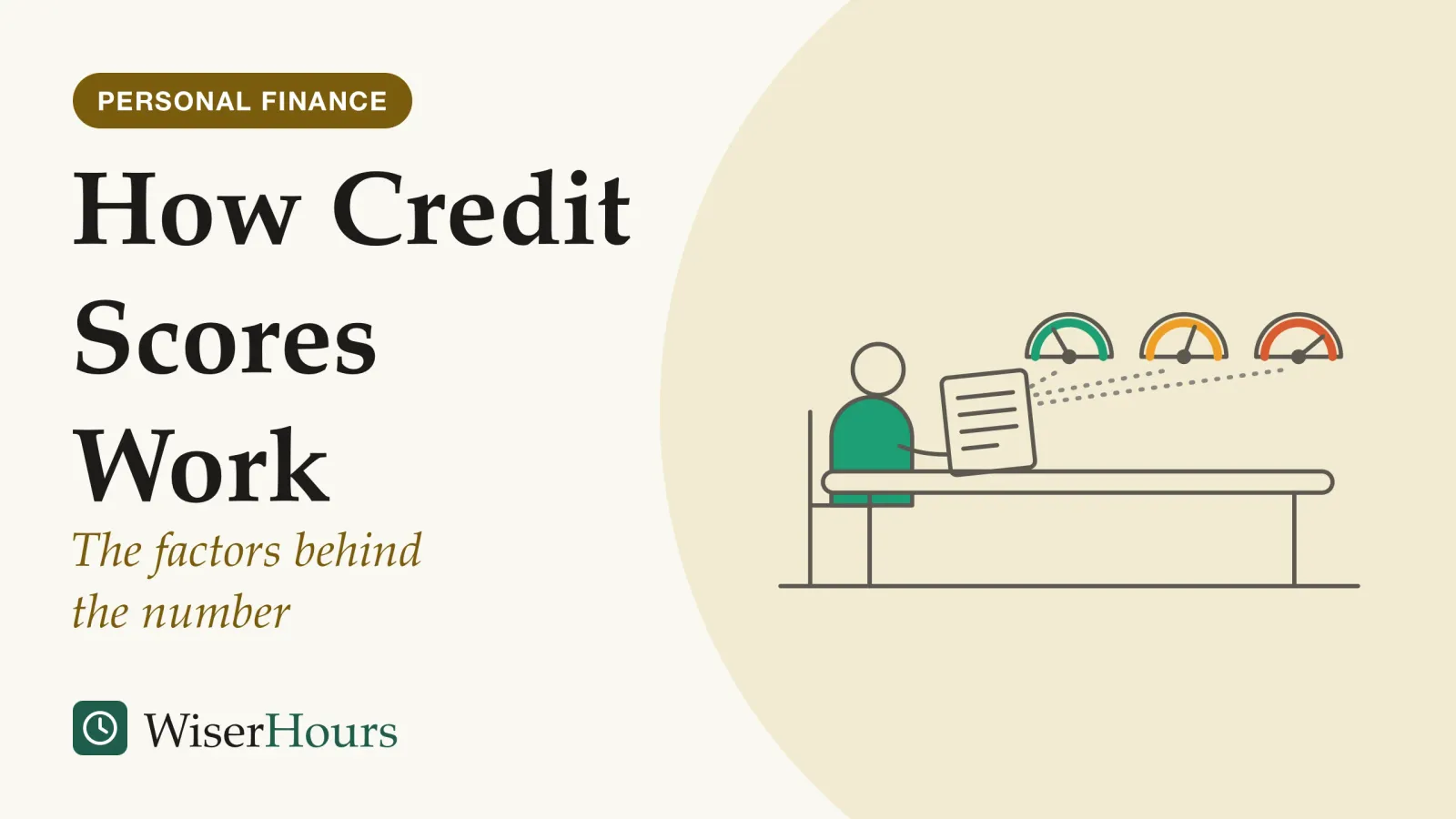 An illustrated cover card headed “How Credit Scores Work”, with the line “The factors behind the number”. Line drawing of a person seated at a table holding a single paper report and looking up at three round dials on the wall, each with its needle pointing to a different position.