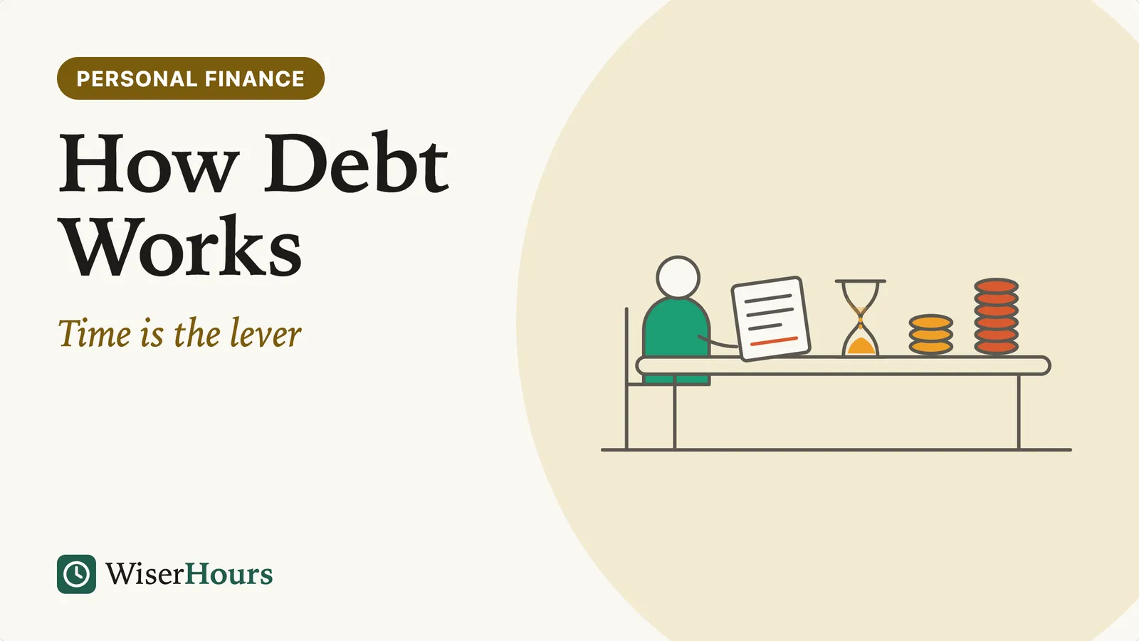 An illustrated cover card headed 'How Debt Works.' A person at a desk holds a statement beside an hourglass and two stacks of coins, one short and one far taller.