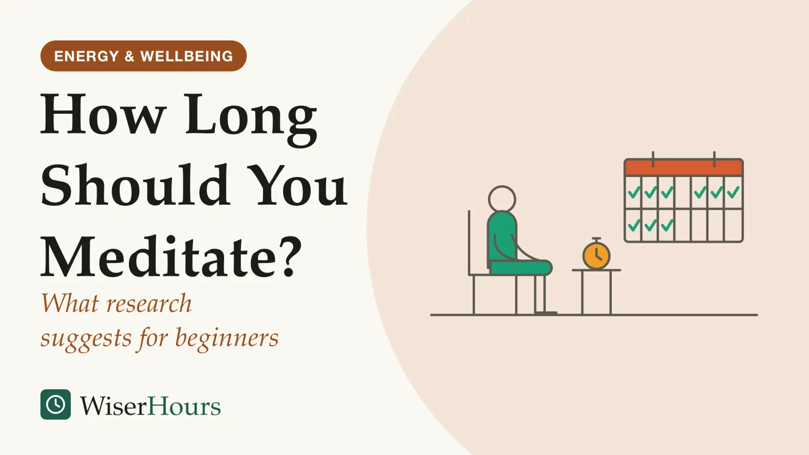 An illustrated cover card headed “How Long Should You Meditate?”, with the line “What research suggests for beginners”. Line drawing of a person sitting upright on an ordinary chair with hands resting on their thighs, a small kitchen timer on a side table beside them, and a wall calendar behind them with most of its days ticked off.