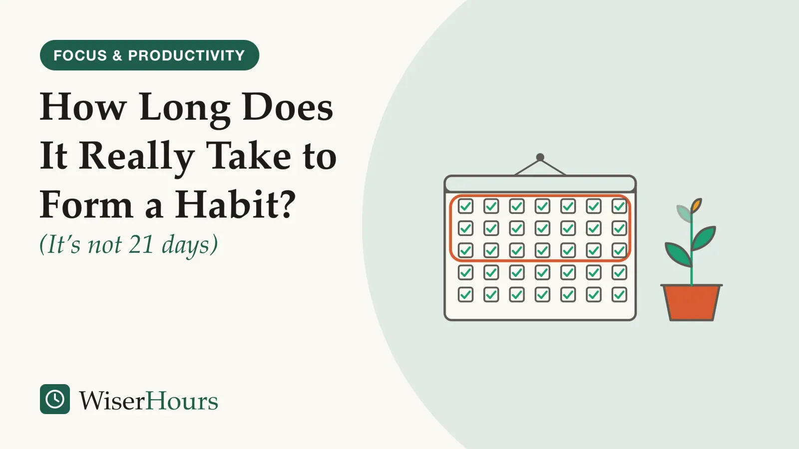 An illustrated cover card headed “How Long Does It Really Take to Form a Habit?”, with the line “(It’s not 21 days)”. Line drawing of a wall calendar with five rows of ticked day boxes; the first three rows are circled in coral as if they were the finish line, and the ticks carry on past them. Beside it, a potted plant is still putting out a new shoot.