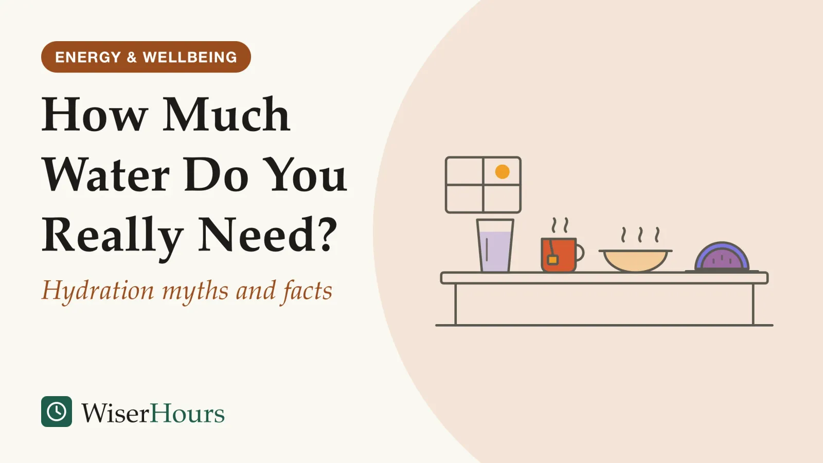 An illustrated cover card headed “How Much Water Do You Really Need?”, with the line “Hydration myths and facts”. Line drawing of a table by a sunny window with a glass of water, a mug of tea with a tea-bag tag, a steaming bowl of soup and a slice of melon on a plate.