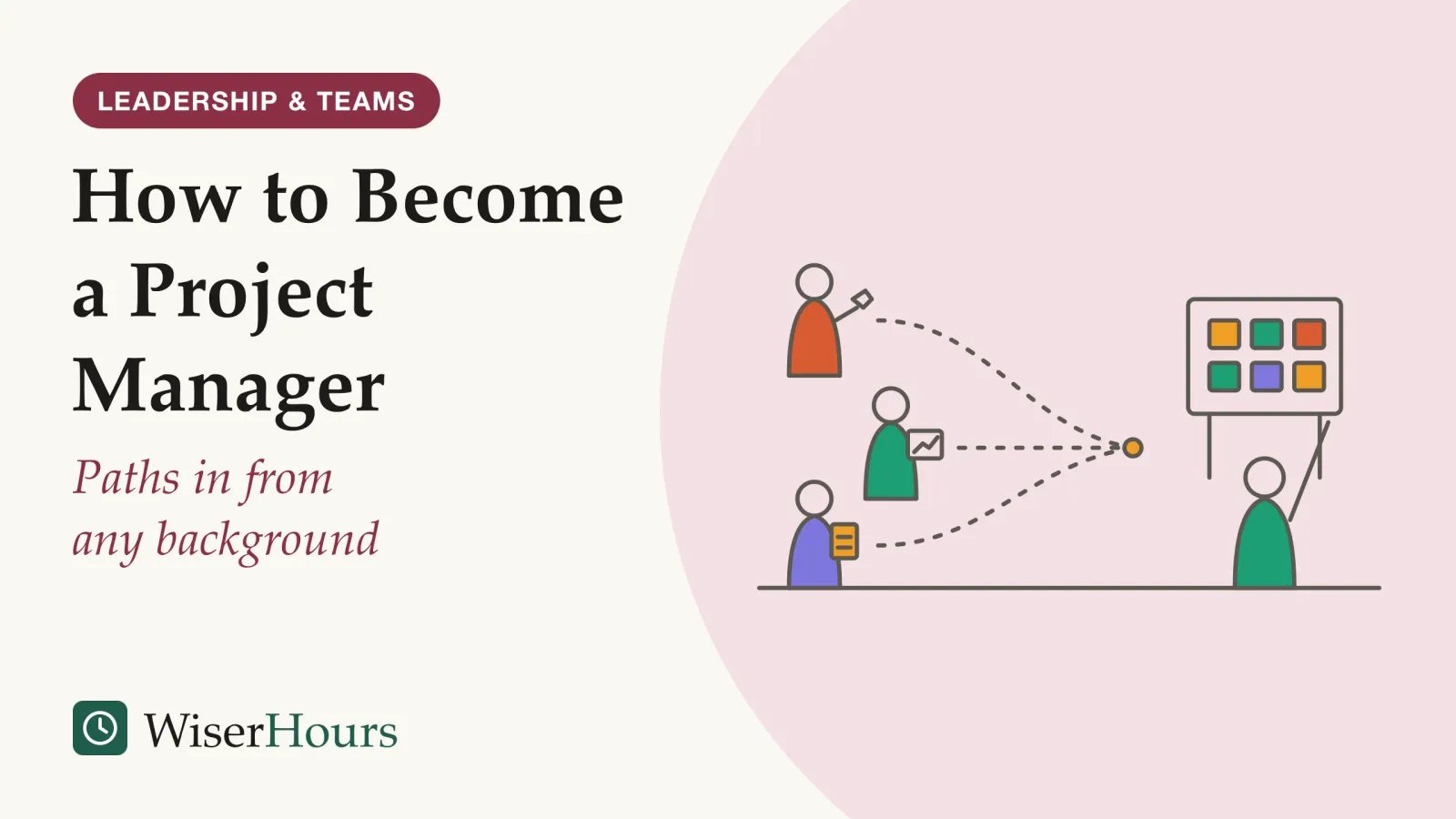 An illustrated cover card headed “How to Become a Project Manager”, with the line “Paths in from any background”. Line drawing of three people on the left, one carrying a wrench, one holding a small chart and one holding a clipboard. Three dashed paths lead from them and meet at a project board covered in sticky notes on the right, where a fourth person stands with a pointer.