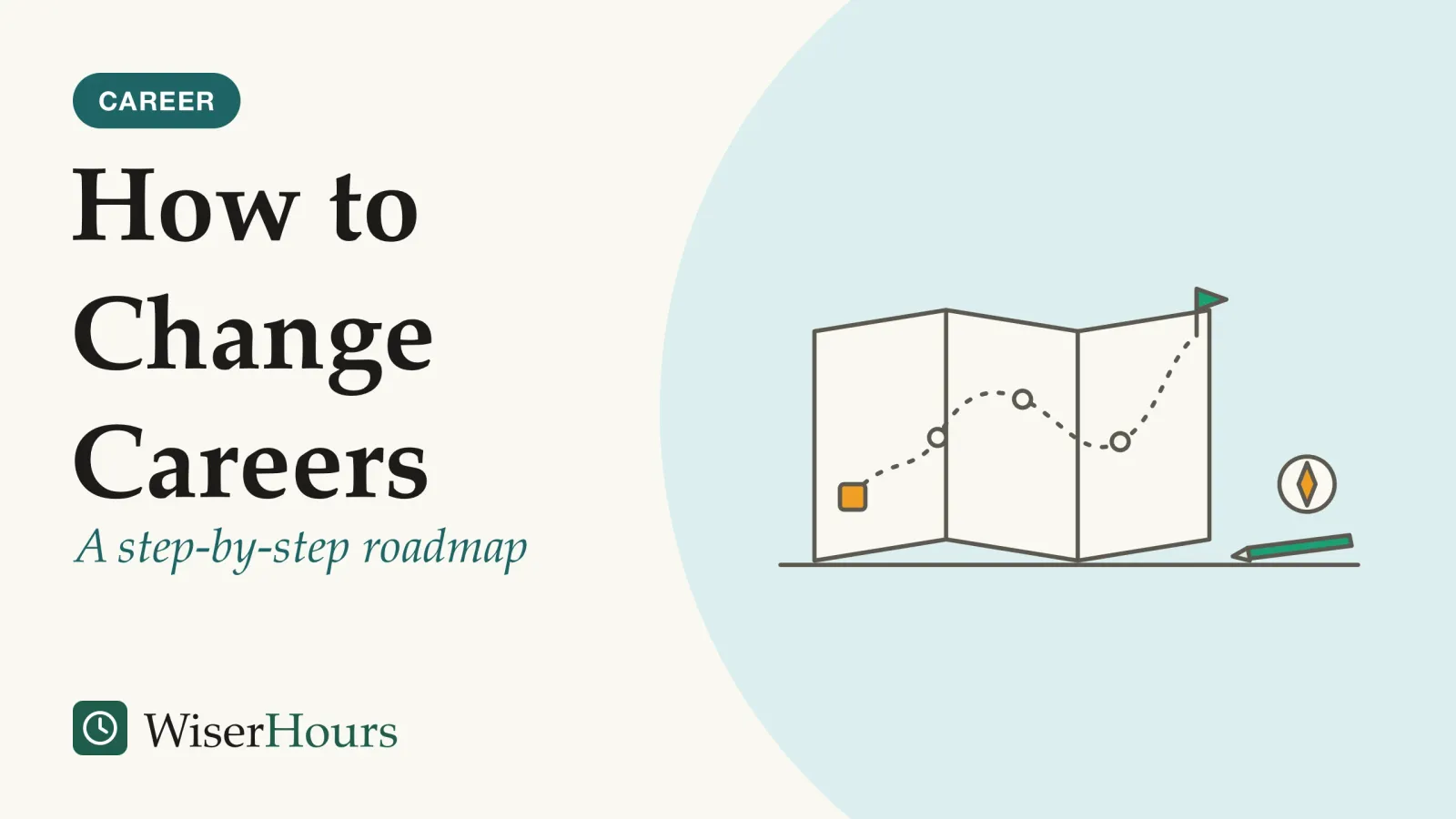 An illustrated cover card headed “How to Change Careers”, with the line “A step-by-step roadmap”. Line drawing of an unfolded paper map on a table: a dotted route winds through several small round stops from a square marker to a flag, with a compass and a pencil beside the map.