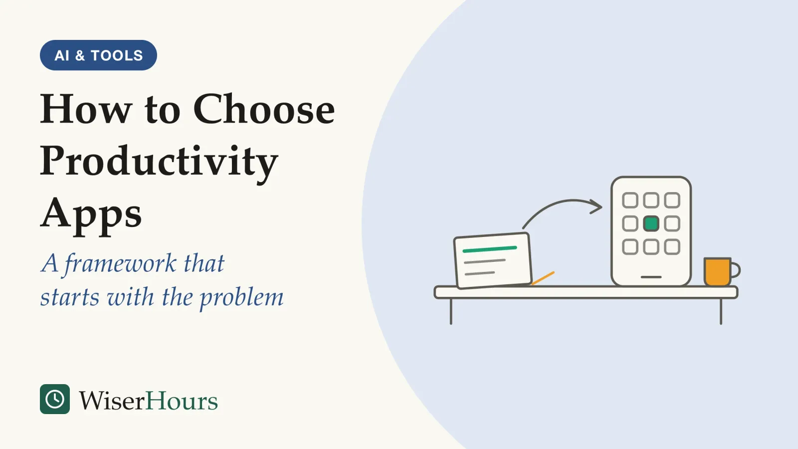 An illustrated cover card headed “How to Choose Productivity Apps”, with the line “A framework that starts with the problem”. Line drawing of a desk: a note card with one bold written line, an arrow from the card to a phone whose screen shows a grid of nine app tiles with only one filled in, and a mug.