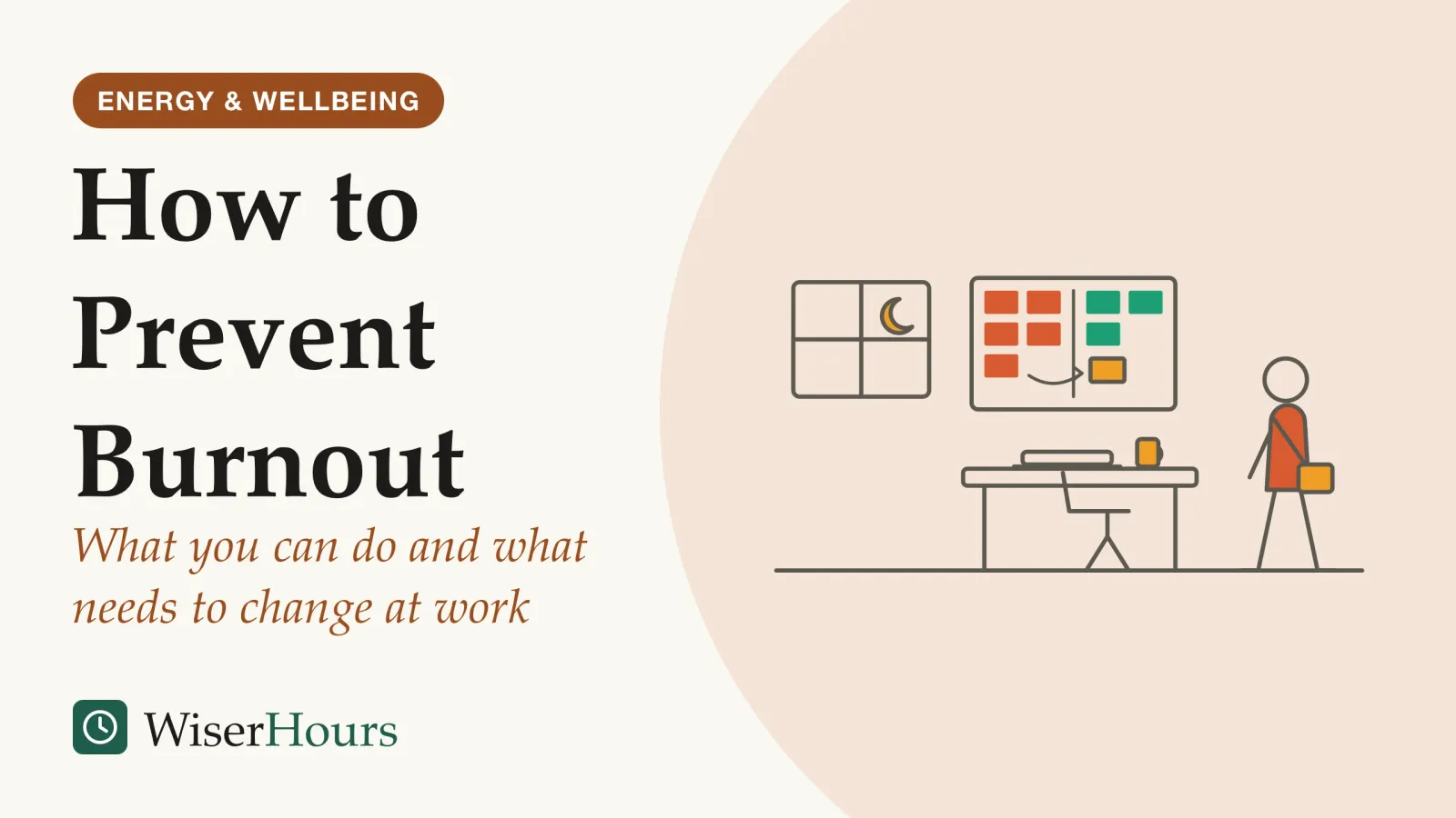 An illustrated cover card headed “How to Prevent Burnout”, with the line “What you can do and what needs to change at work”. Line drawing of an office in the evening: a person with a bag on one shoulder walks away from a desk with a closed laptop, a moon shows in the window, and on the wall a planning board has sticky notes being moved from a crowded column to an emptier one.
