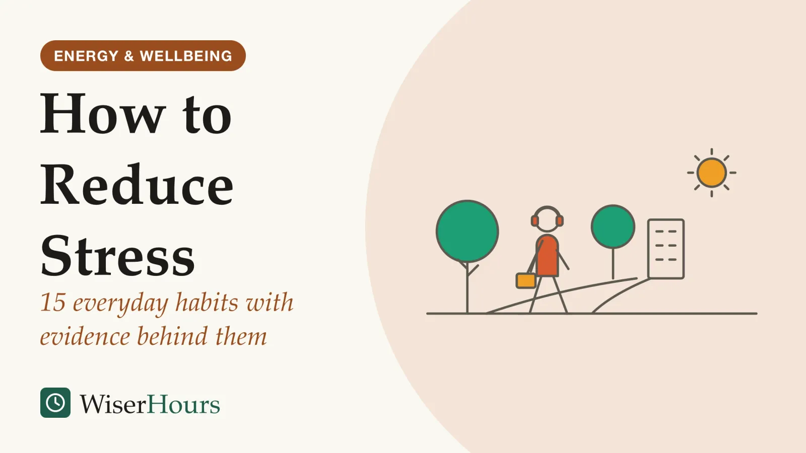An illustrated cover card headed “How to Reduce Stress”, with the line “15 everyday habits with evidence behind them”. Line drawing of a person wearing headphones and carrying a work bag, walking along a path under two trees in the sun, with an office building small in the distance.