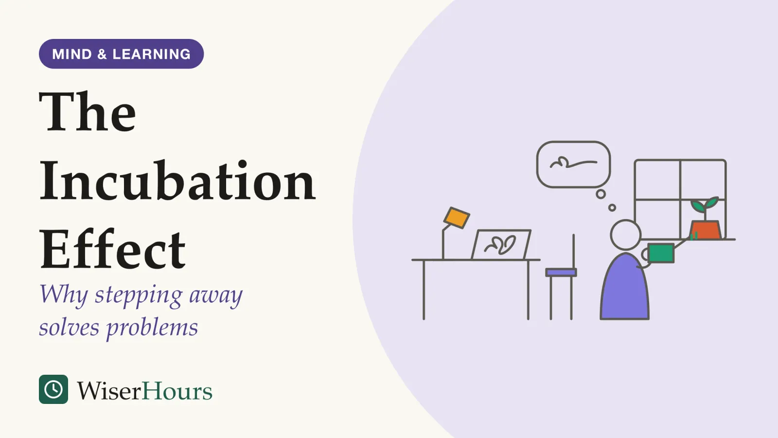 An illustrated cover card headed “The Incubation Effect”, with the line “Why stepping away solves problems”. Line drawing of an empty desk with a pushed-back chair, a lamp and a sheet of paper covered in a tangled scribble. Nearby, a person waters a potted plant on a windowsill, and a trail of thought bubbles above their head ends in a bubble holding a line that is starting to untangle.