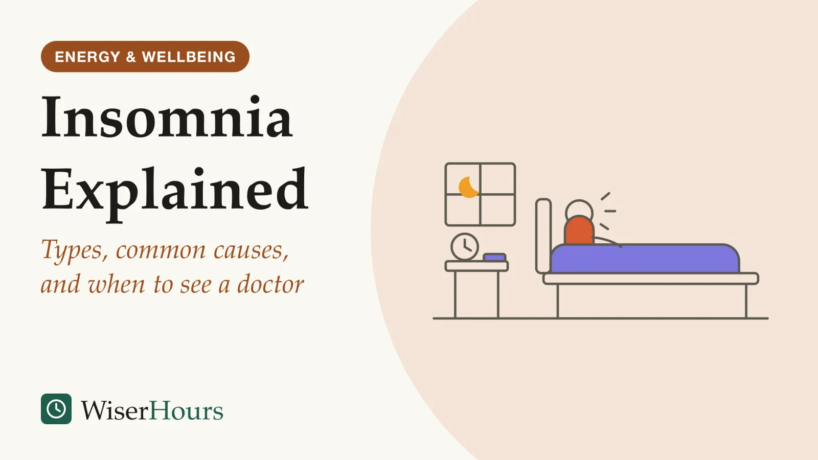 An illustrated cover card headed “Insomnia Explained”, with the line “Types, common causes, and when to see a doctor”. Line drawing of a person sitting upright and awake in bed at night, with a duvet over their legs, a bedside table holding a clock and a face-down phone, and a window showing a crescent moon.