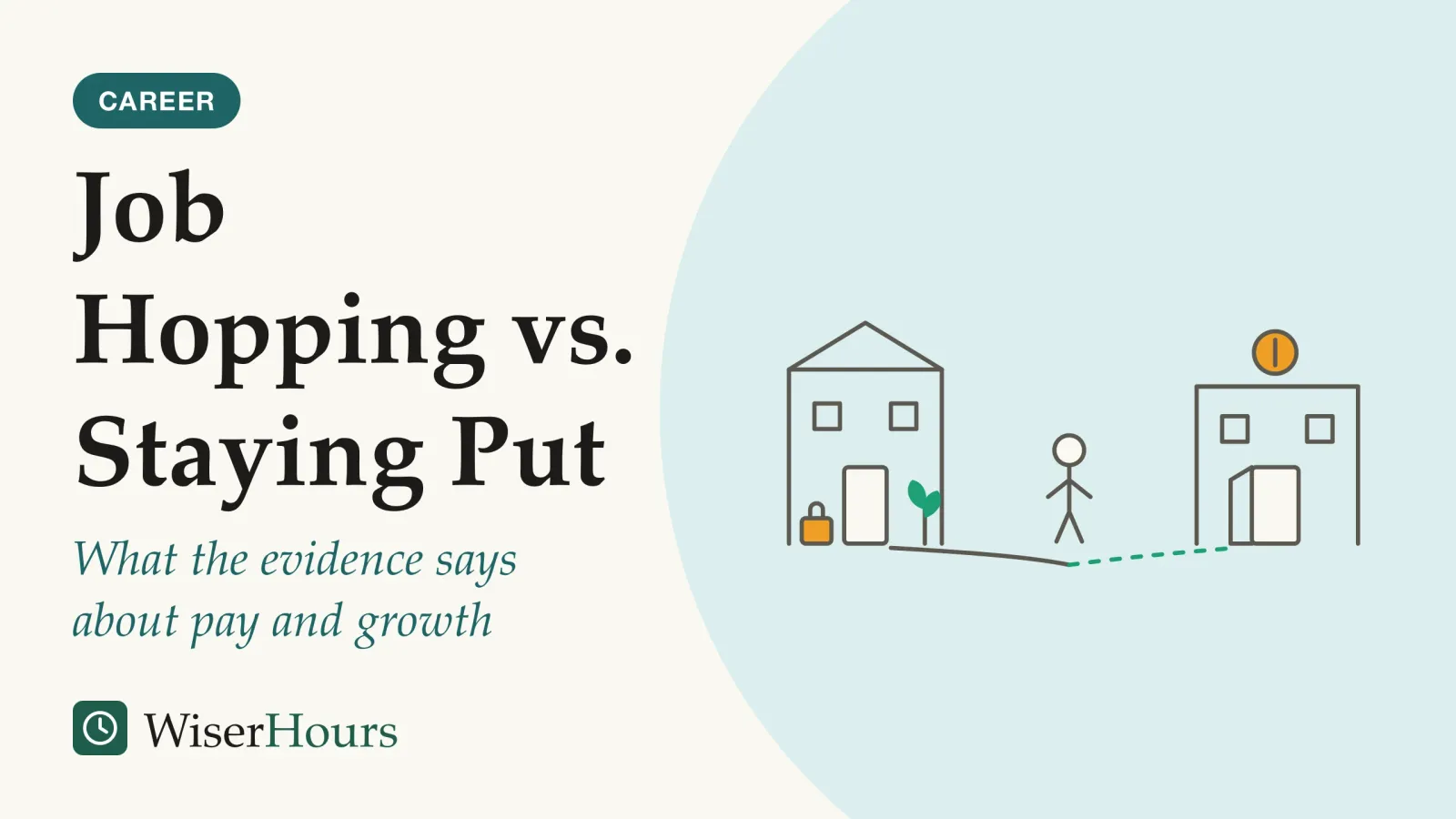 An illustrated cover card headed “Job Hopping vs. Staying Put”, with the line “What the evidence says about pay and growth”. Line drawing of a person standing where a path forks; one dashed branch leads to the open door of a second building with a coin above it, the other leads back to the first building, where a small tree grows by the door and a padlocked box sits on the step.