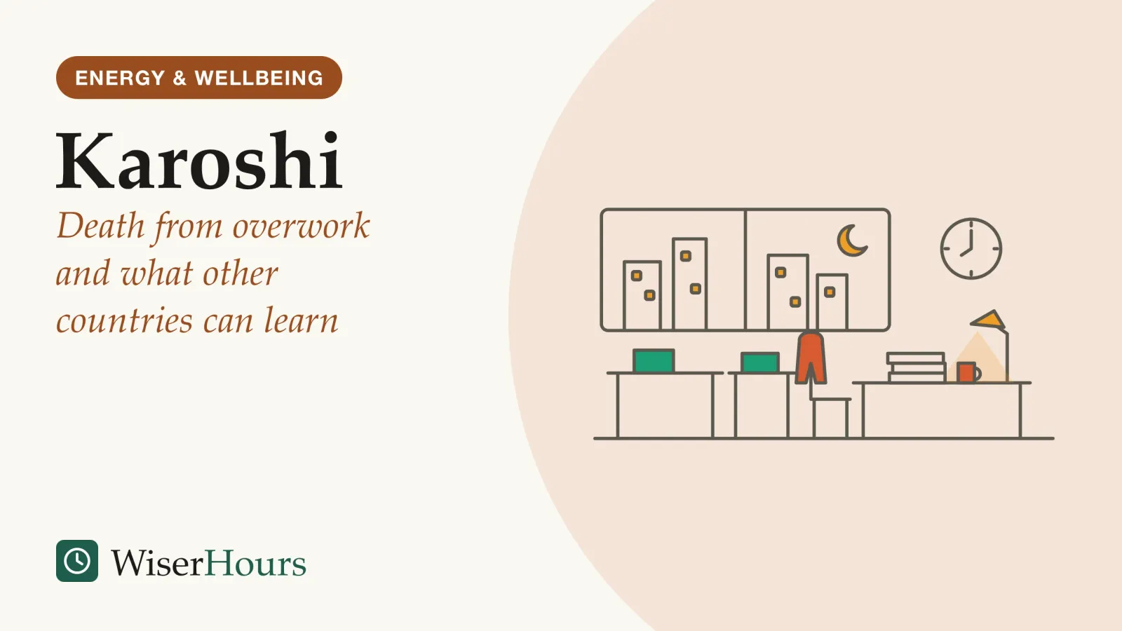 An illustrated cover card headed “Karoshi”, with the line “Death from overwork and what other countries can learn”. Line drawing of an open-plan office at night: office towers with lit windows and a crescent moon outside, a row of dark desks, and one desk still lit by a lamp, with papers, a mug and a jacket left over an empty chair.