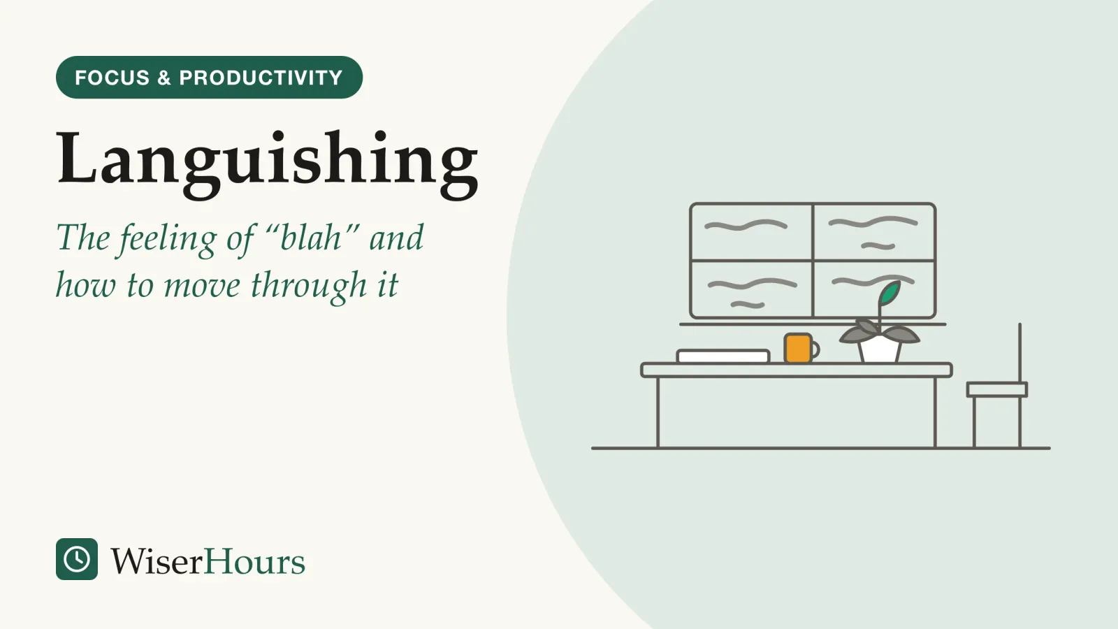 An illustrated cover card headed “Languishing”, with the line “The feeling of “blah” and how to move through it”. Line drawing of a quiet corner: a window with fogged-up glass above a desk holding a closed laptop, a mug and a potted plant with drooping leaves and one small upright new leaf, with an empty chair pulled back from the desk.