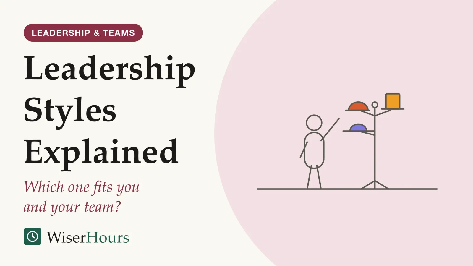 An illustrated cover card headed “Leadership Styles Explained”, with the line “Which one fits you and your team?”. Line drawing of a person standing beside a coat stand that holds three different hats, reaching up toward one of them.