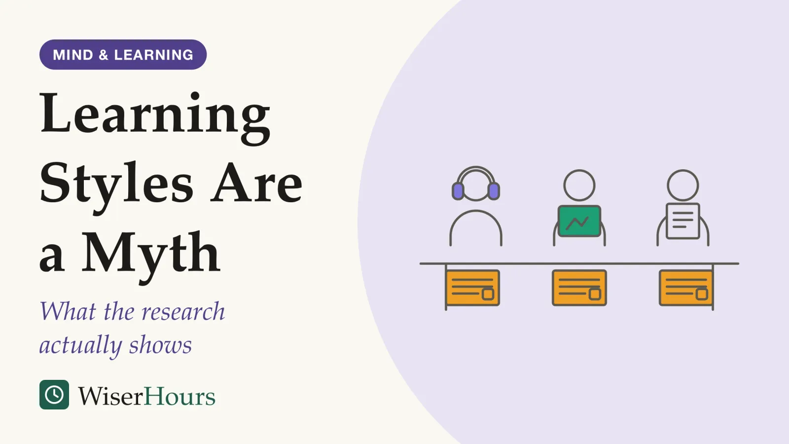 An illustrated cover card headed “Learning Styles Are a Myth”, with the line “What the research actually shows”. Line drawing of three people sitting along one table. The first wears headphones, the second holds a tablet showing a simple diagram, the third reads a printed page. In front of each of them lies an identical test sheet with the same three ruled lines and a tick box.