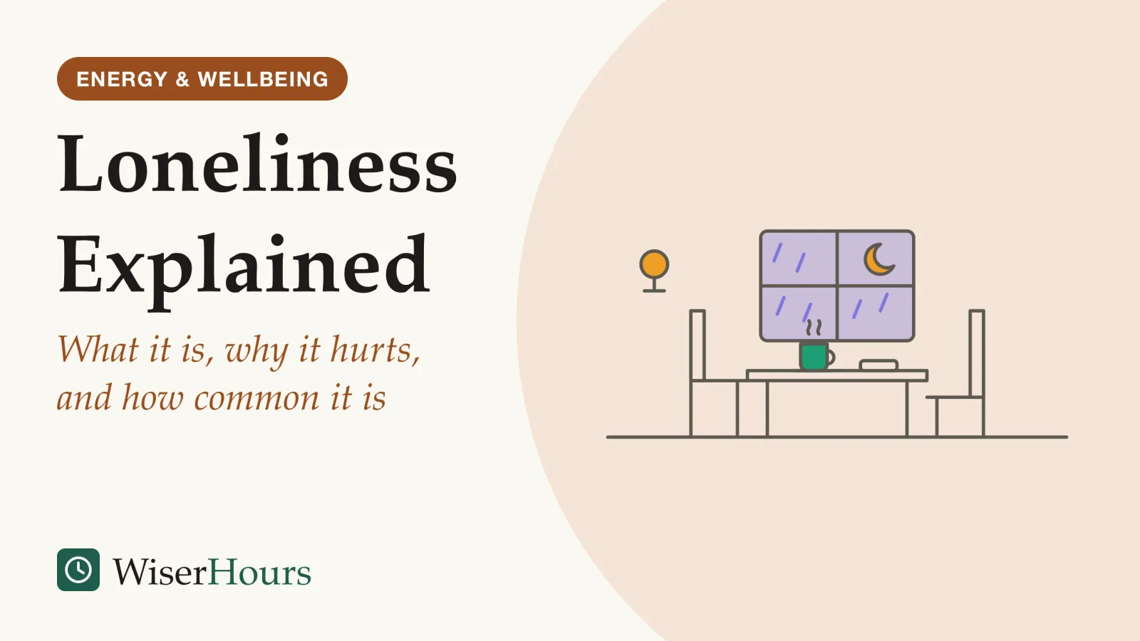 An illustrated cover card headed “Loneliness Explained”, with the line “What it is, why it hurts, and how common it is”. Line drawing of a small table by a rainy night window with a crescent moon, one cup of tea and a phone lying face up on the table, one chair pulled in and a second chair standing empty across from it.