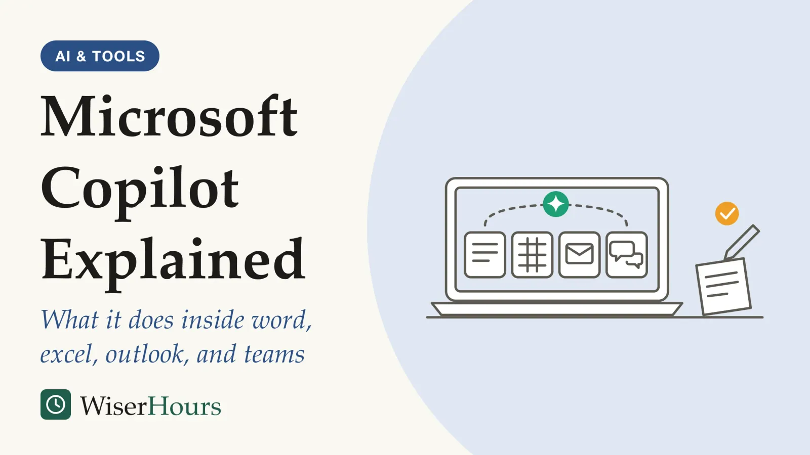 An illustrated cover card headed “Microsoft Copilot Explained”, with the line “What it does inside word, excel, outlook, and teams”. Line drawing of an open laptop on a desk. Its screen shows four small tiles in a row: a page of text, a grid, an envelope and two speech bubbles, with a teal sparkle badge floating above them. Beside the laptop lie a sheet of paper, a pen and an amber tick.