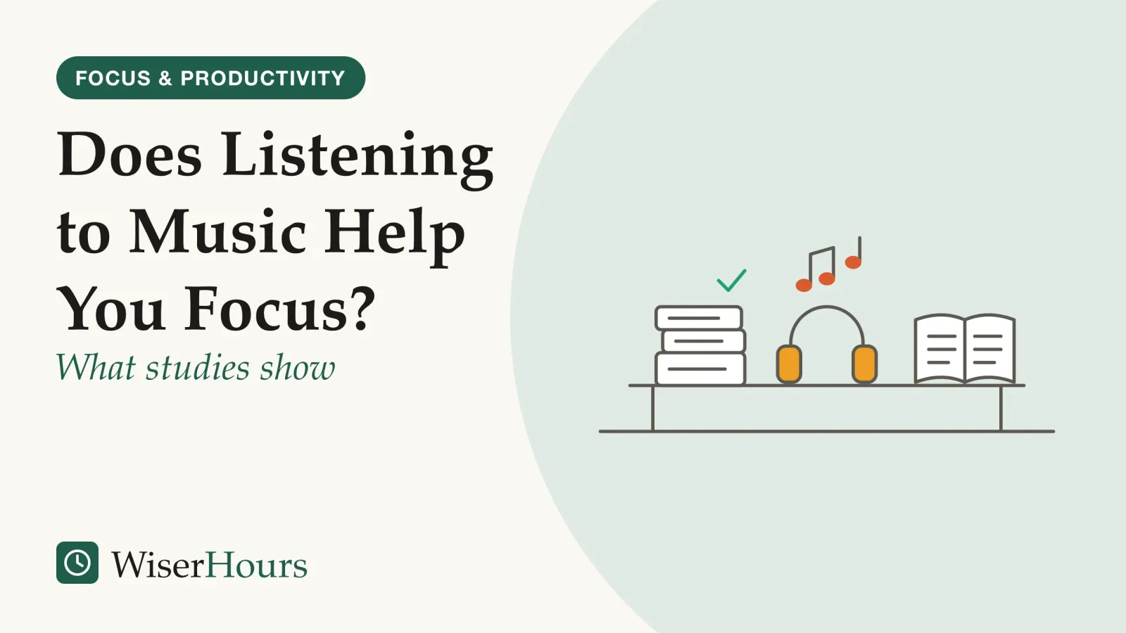 An illustrated cover card headed “Does Listening to Music Help You Focus?”, with the line “What studies show”. Line drawing of a desk with a pair of headphones in the middle and two music notes above them, a stack of receipts on the left and an open book on the right.