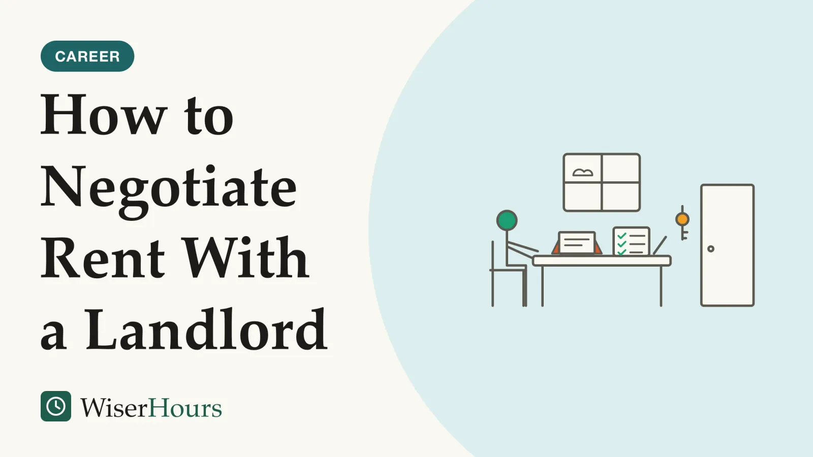 An illustrated cover card headed “How to Negotiate Rent With a Landlord”. Line drawing of a person sitting at a small table by a window, with an opened letter, a notepad with a short ticked list and a pen, and a key hanging by a door.