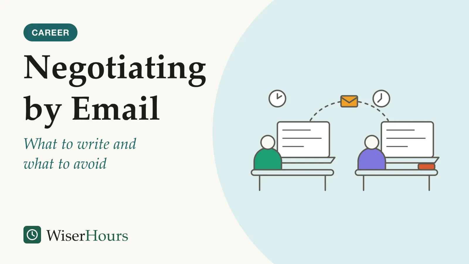 An illustrated cover card headed “Negotiating by Email”, with the line “What to write and what to avoid”. Line drawing of two people seen from behind at two desks far apart, each at a laptop. A dashed arc carries an envelope from one screen to the other. A phone lies on one desk, and a small clock above each desk shows a different time.