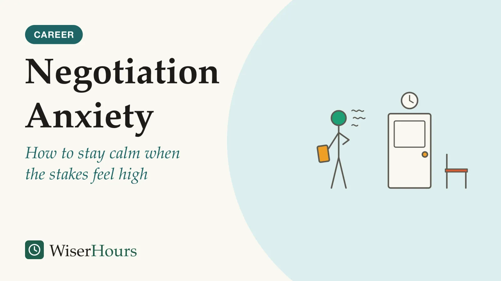 An illustrated cover card headed “Negotiation Anxiety”, with the line “How to stay calm when the stakes feel high”. Line drawing of a person standing in a corridor outside a closed door, holding a folder with one hand pressed to their chest and short wavy lines beside their head, with a clock on the wall above and an empty chair beside the door.