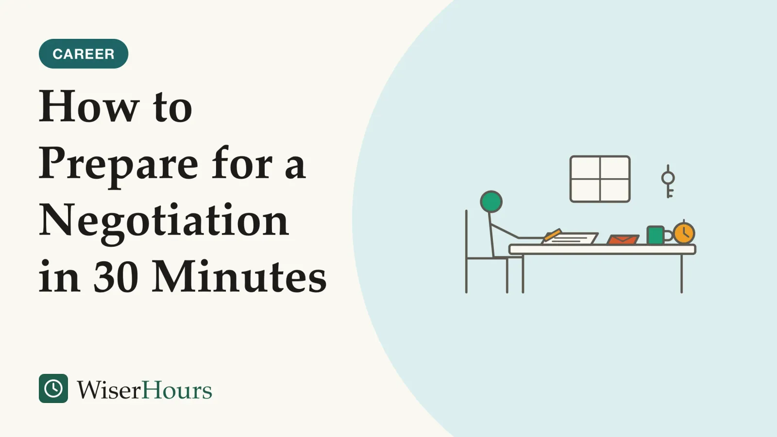An illustrated cover card headed “How to Prepare for a Negotiation in 30 Minutes”. Line drawing of a person sitting at a small kitchen table writing on a notepad, with a mug, a round kitchen timer and a folded letter on the table and a house key hanging on a hook on the wall behind.