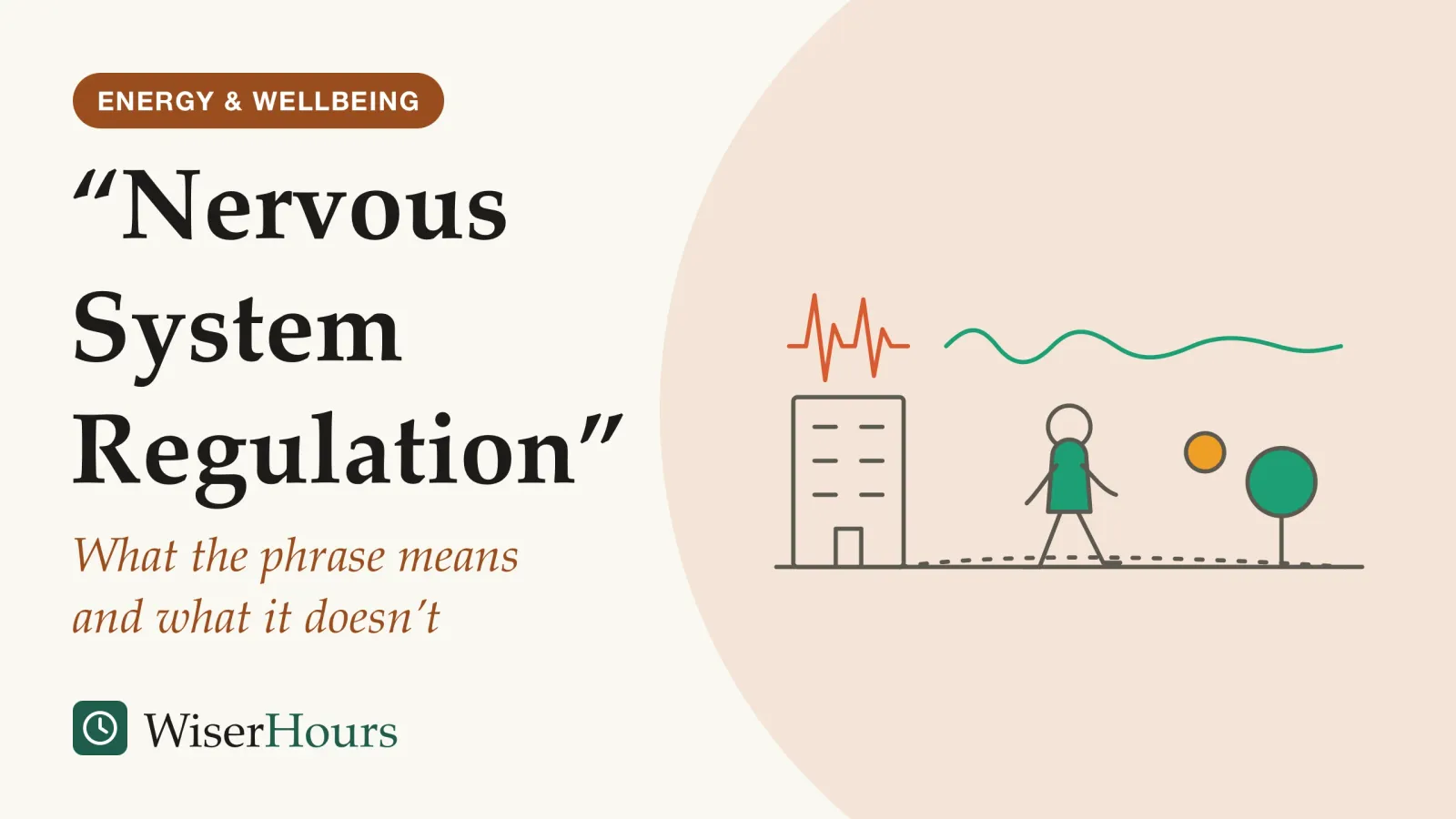 An illustrated cover card headed ““Nervous System Regulation””, with the line “What the phrase means and what it doesn’t”. Line drawing of a person walking briskly along a path away from an office building toward a small tree, with a pulse line above them that begins as tall, tight spikes over the building and flattens into low, gentle waves ahead of the walker.