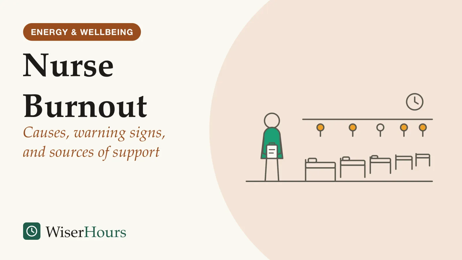 An illustrated cover card headed “Nurse Burnout”, with the line “Causes, warning signs, and sources of support”. Line drawing of a nurse holding a clipboard at the near end of a hospital ward; a row of beds stretches away from her, most of the call lights above the beds are lit, and a clock hangs on the wall.