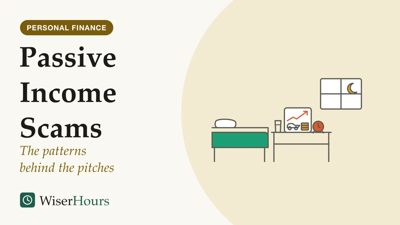 An illustrated cover card headed “Passive Income Scams”, with the line “The patterns behind the pitches”. Line drawing of a bedroom at night with a moon in the window. On the bedside table a phone shows an advert with a sports car, a stack of coins and a steep upward arrow. An alarm clock and a glass of water sit beside it, next to the edge of a bed.
