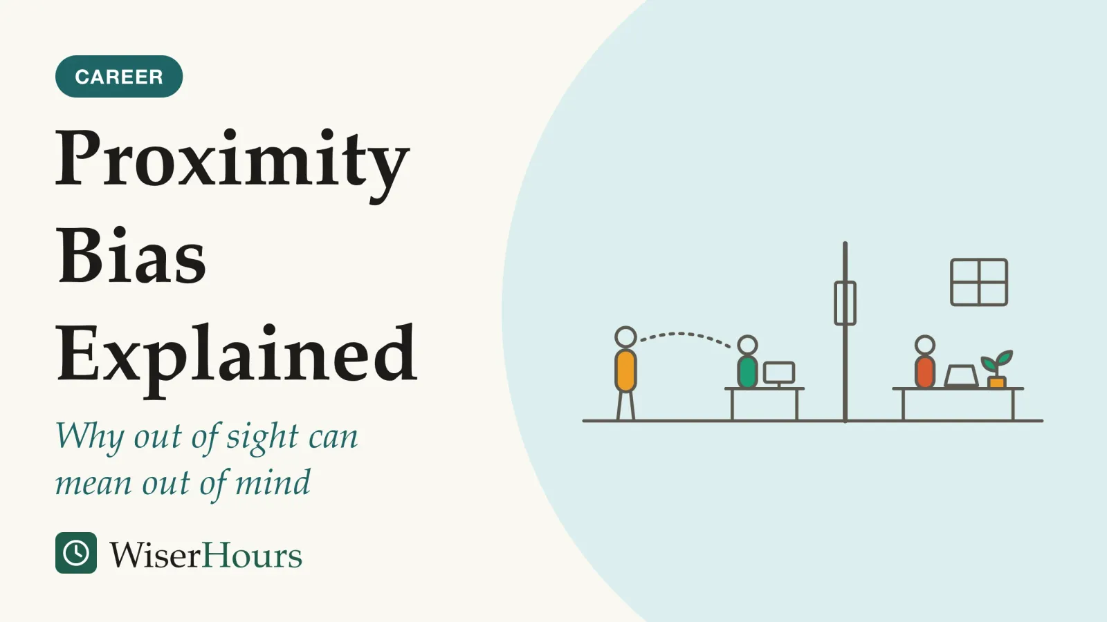 An illustrated cover card headed “Proximity Bias Explained”, with the line “Why out of sight can mean out of mind”. Line drawing in two parts. On the left, in an office, a standing manager looks toward a colleague working at a nearby desk, joined by a dotted sight line. On the right, beyond a wall with a window, another colleague works on a laptop at a table at home, out of the manager’s line of sight.